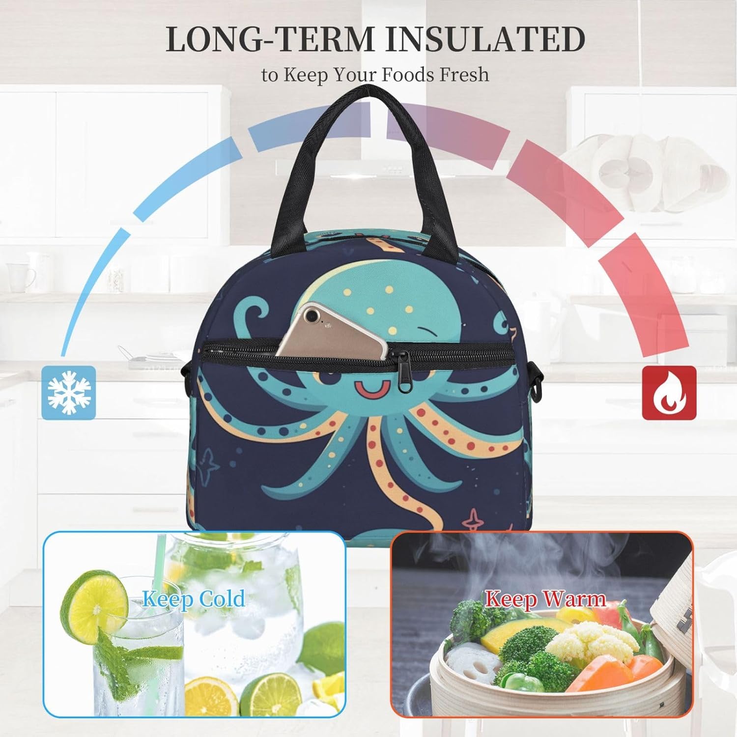 Bolsa de almuerzo de pulpo de dibujos animados para mujer, lonchera aislante, bolsa de almuerzo impermeable