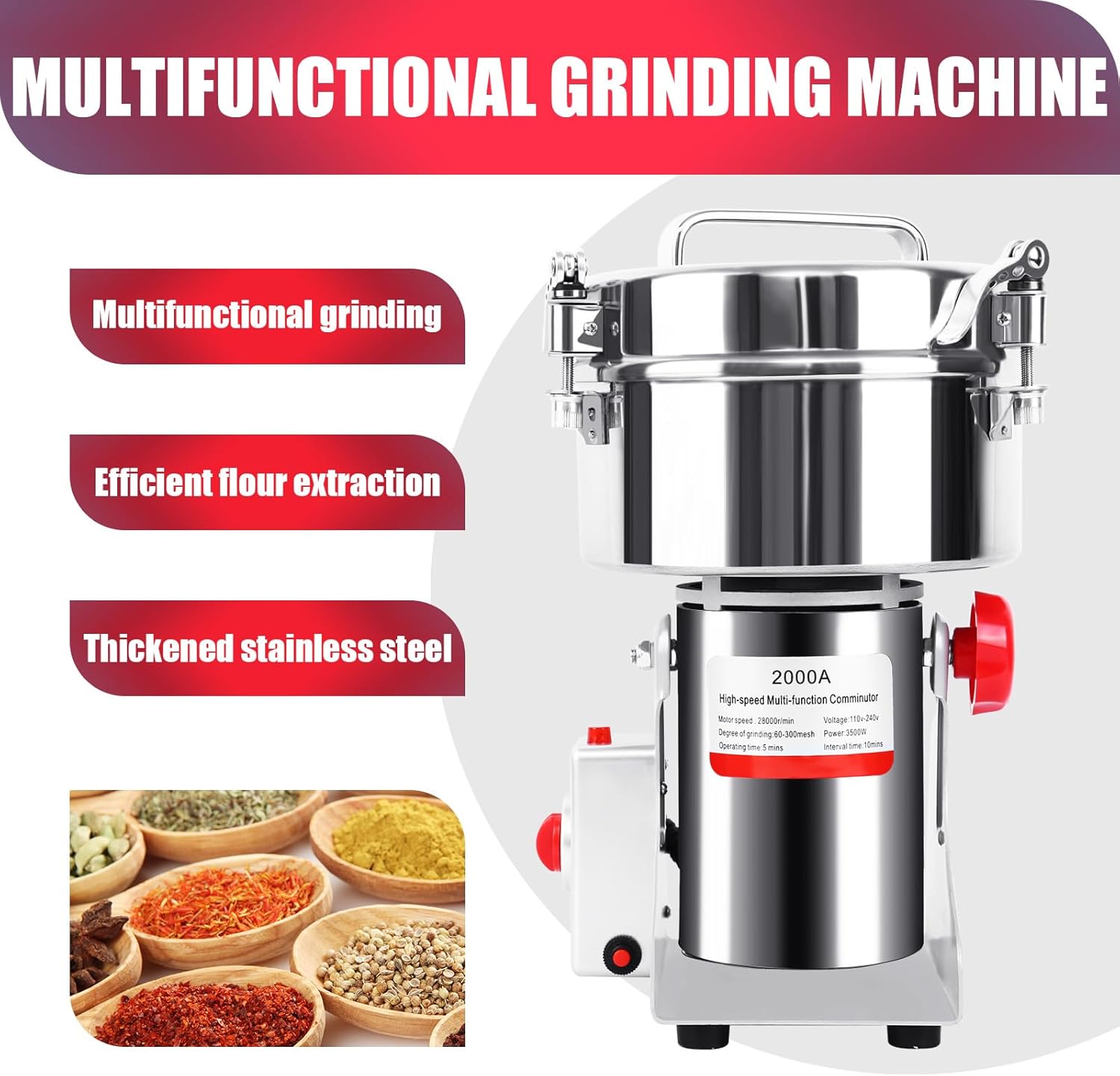 Molinillo eléctrico de grano de 70.55 oz, 3000 W, máquina de polvo de alta velocidad, tipo oscilante, malla 30-300, acero inoxidable de 32000 rpm,