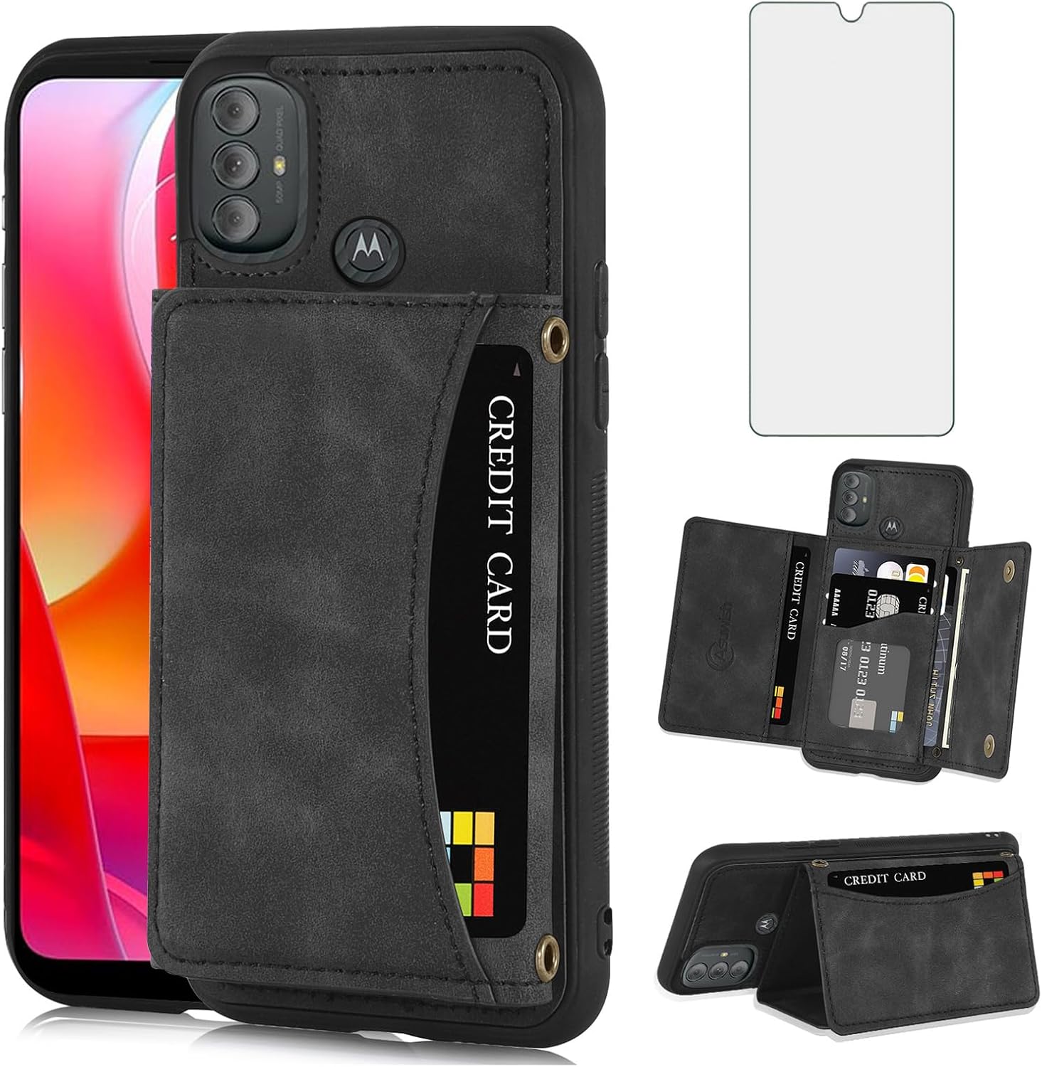 Asuwish Funda para teléfono Motorola Moto G Power 2022MotoG Play 2023G Pure 2021 con protector de pantalla de vidrio templado y soporte para tarjeta