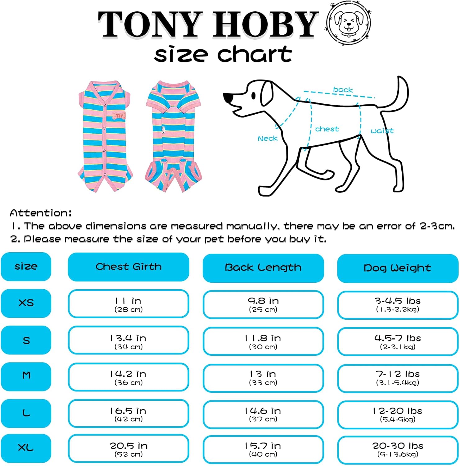 TONY HOBY Pijama para perro hembra, camisa para perro con rayas coloridas, ropa para mascotas para perros pequeños y medianos (rosa y azul, niña, L)