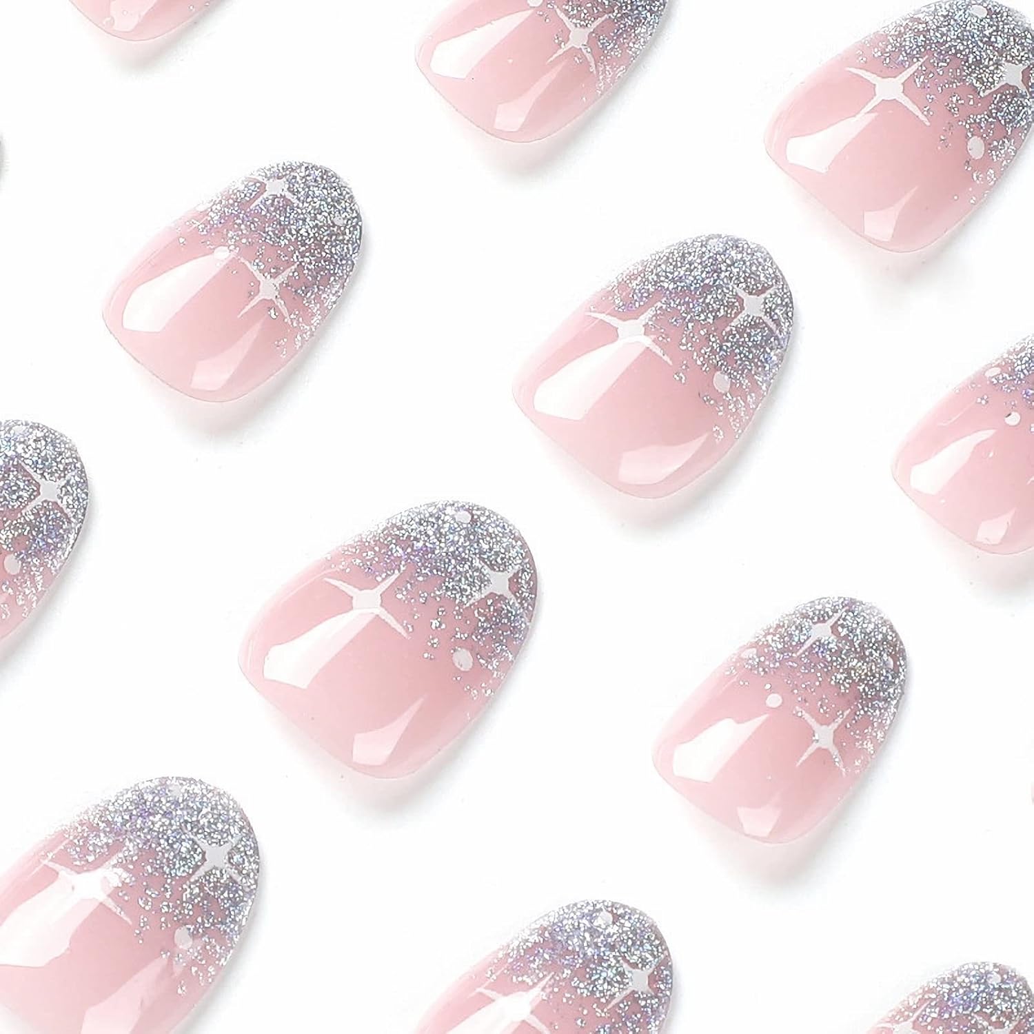 MISUD Uñas postizas cortas redondas a presión, ovaladas, con pegamento brillante, uñas acrílicas brillantes con purpurina, uñas artificiales con