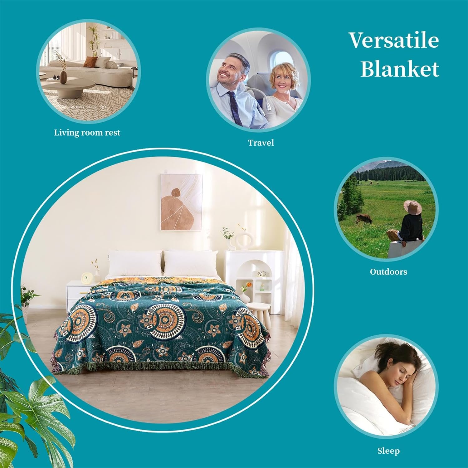 Manta bohemia para cama, 100 % algodón, edredón rústico ultra suave, decoración de granja, manta rústica para todas las estaciones para sofá, silla