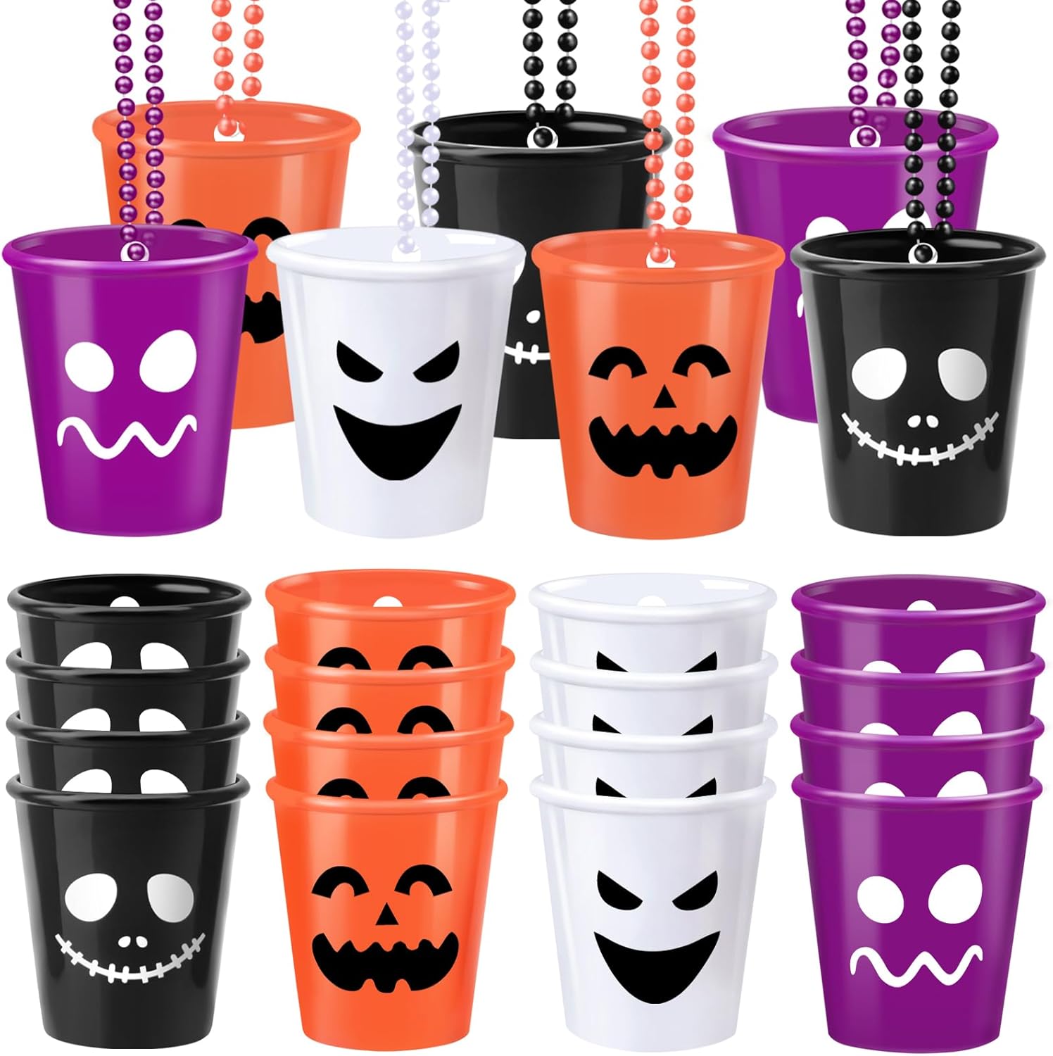 Paquete de 24 collares de chupito de Halloween con cuentas, vasos de chupito, vasos de chupito de plástico surtidos, collares de vidrio de chupito