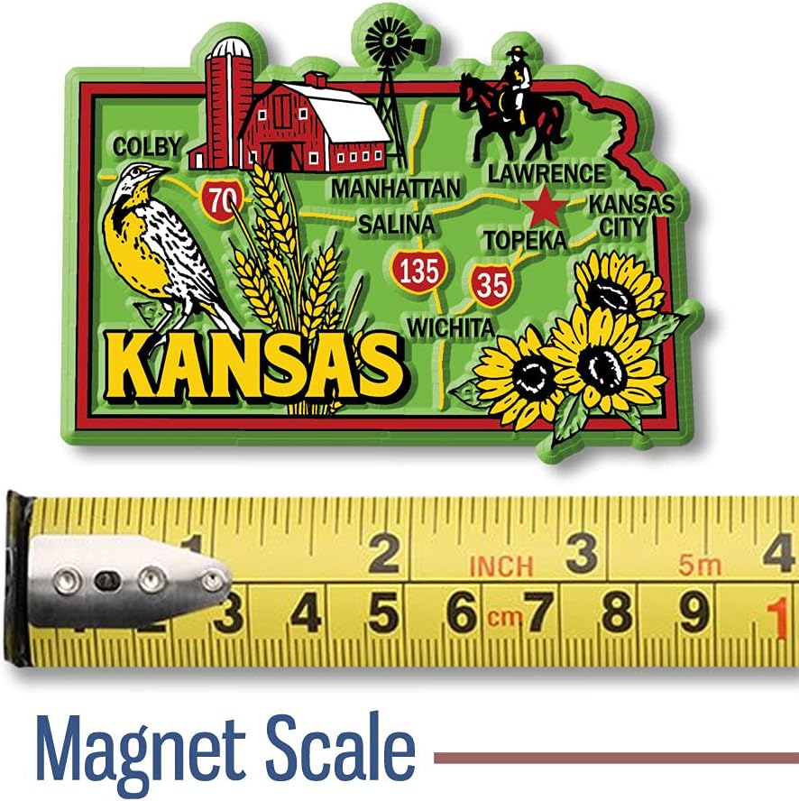 Imán colorido de Kansas de Classic Magnets, 3.3 x 2.4 pulgadas, recuerdos coleccionables fabricados en los Estados Unidos