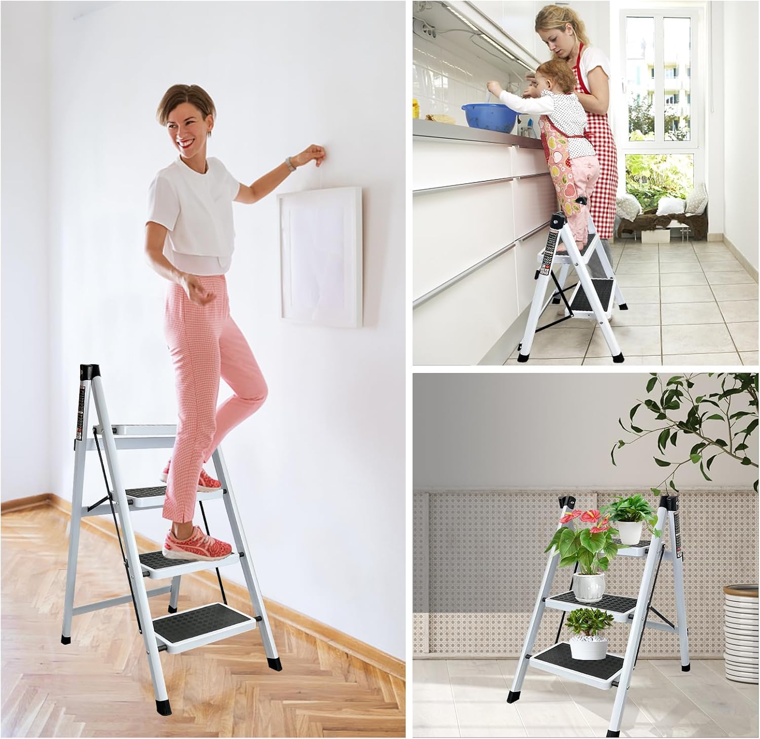 Escalera plegable con pedal antideslizante ancho, escaleras portátiles de acero resistente, ligero para cocina, hogar y oficina (3 escalones)