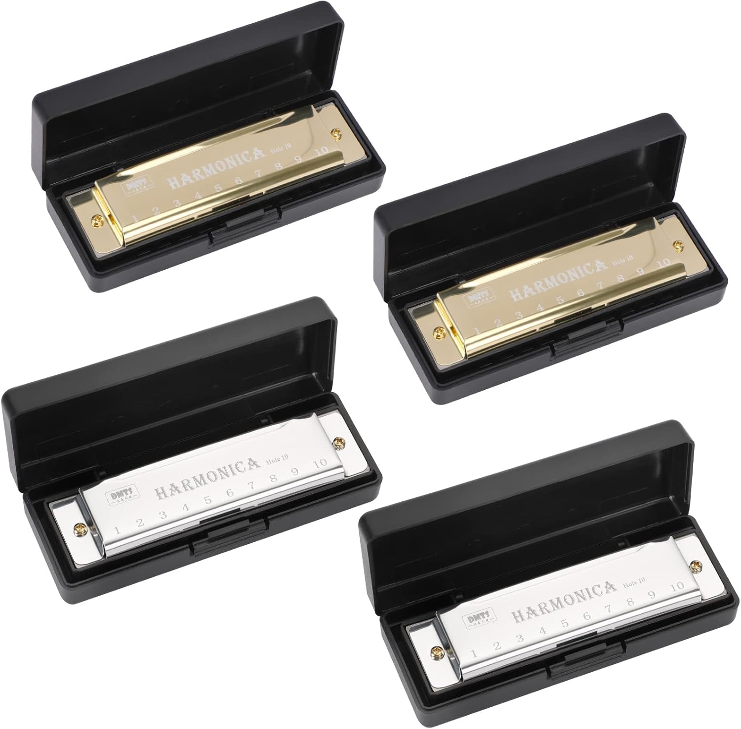 UPINS Armónica, 4 piezas clave de C 10 agujeros 10 tonos titanio color armónica con estuche para principiantes (oro, plata)