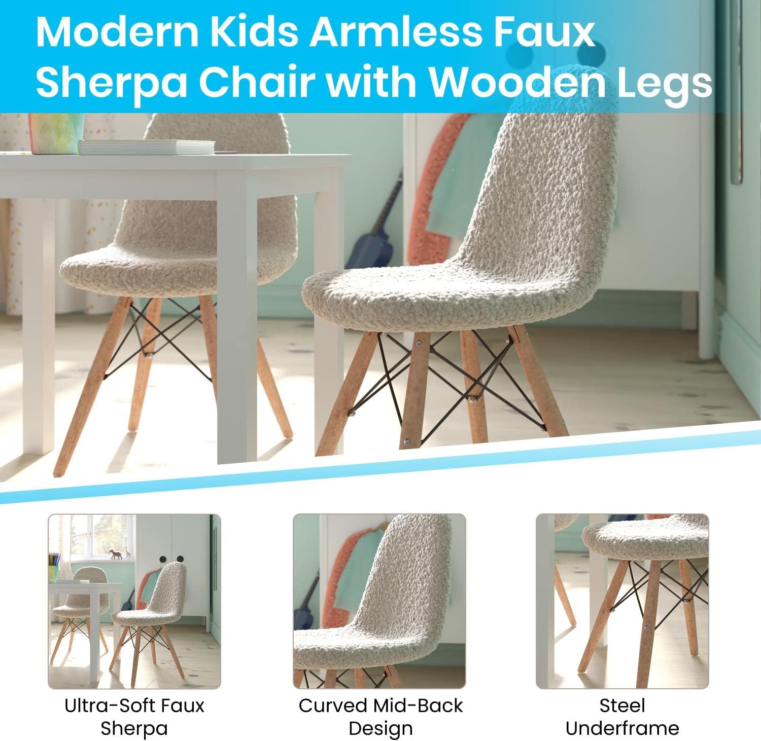 Flash Furniture Zula – Silla moderna acolchada de piel de oveja sintética para niños, tapizado acolchado de piel de oveja sintética color blanco