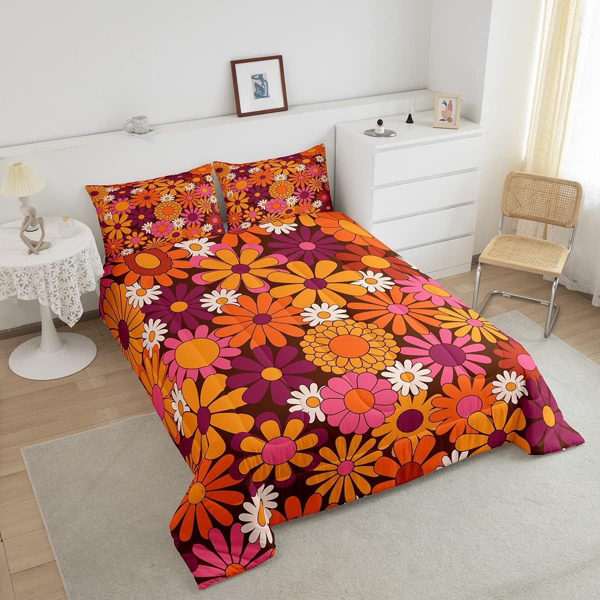 Erosebridal Groovy – Juego de edredón floral individual para niñas, ropa de cama y juegos de ropa de cama retro con diseño de margaritas, decoración