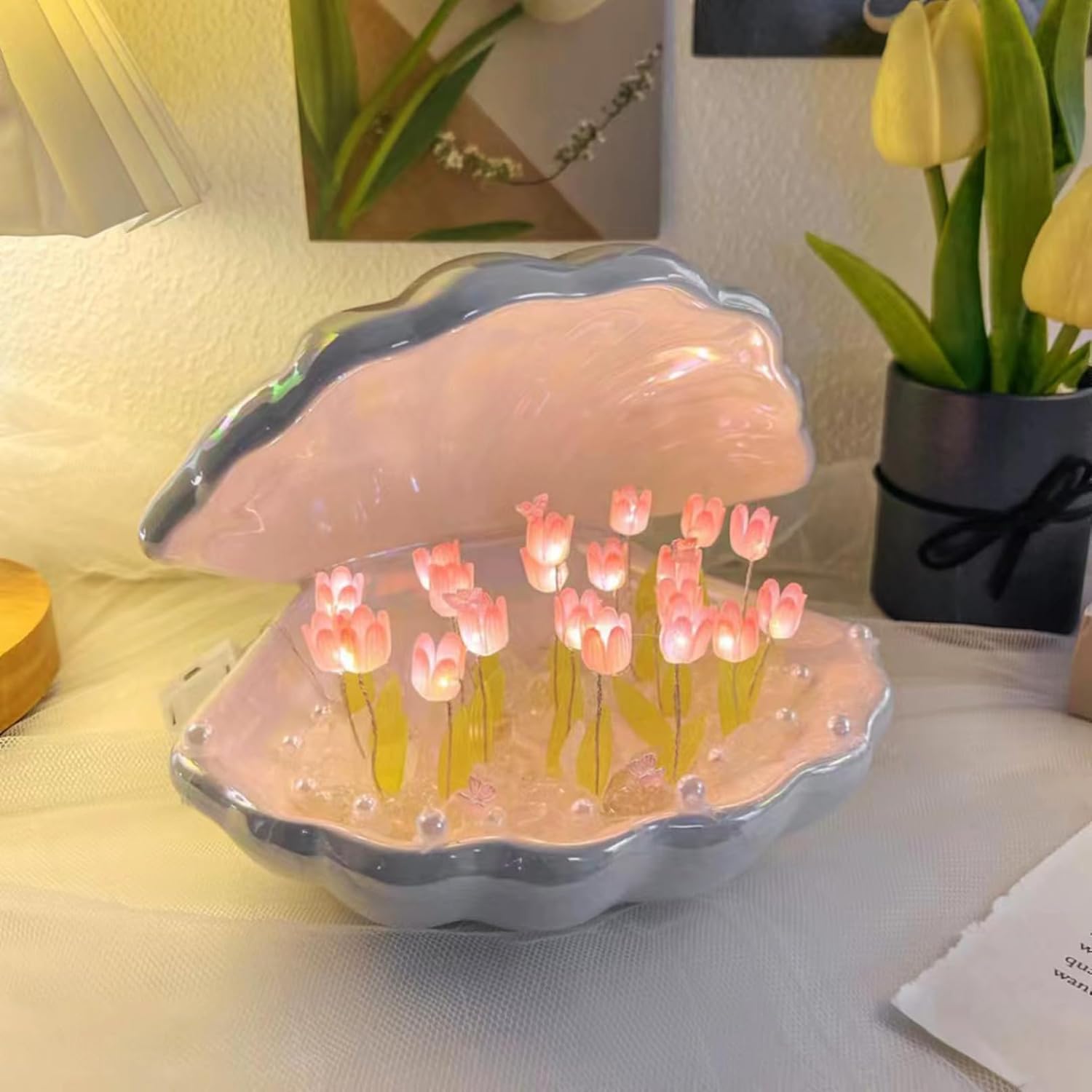 Luz nocturna de tulipán, lámpara de mesa de concha de 20 flores, 2 en 1, LED portátil hecha a mano, decoración de dormitorio, regalo creativo para