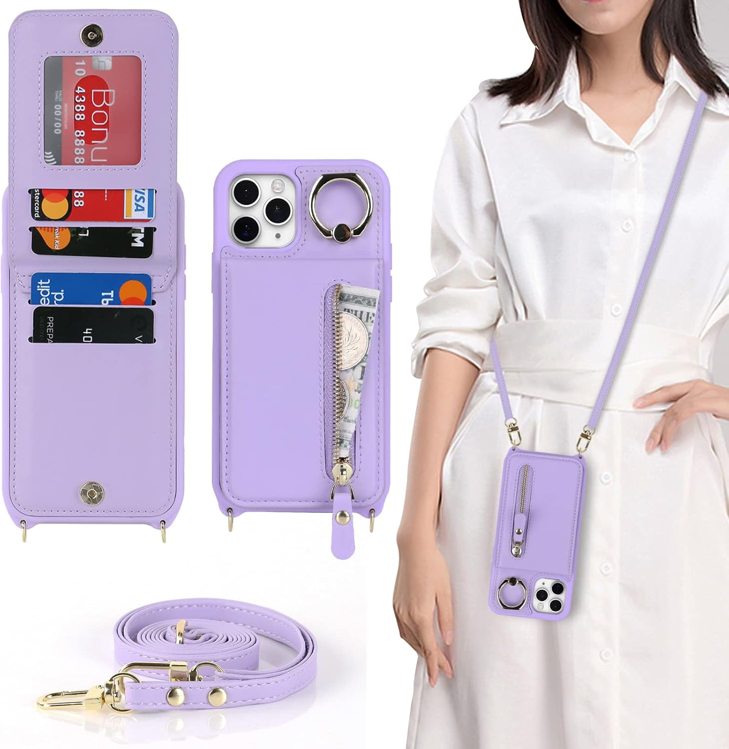 Funda para iPhone 11 Pro Max con tarjetero para mujer, iPhone 11 Pro Max, con correa y ranuras para tarjetas de crédito, cruzado con cremallera y
