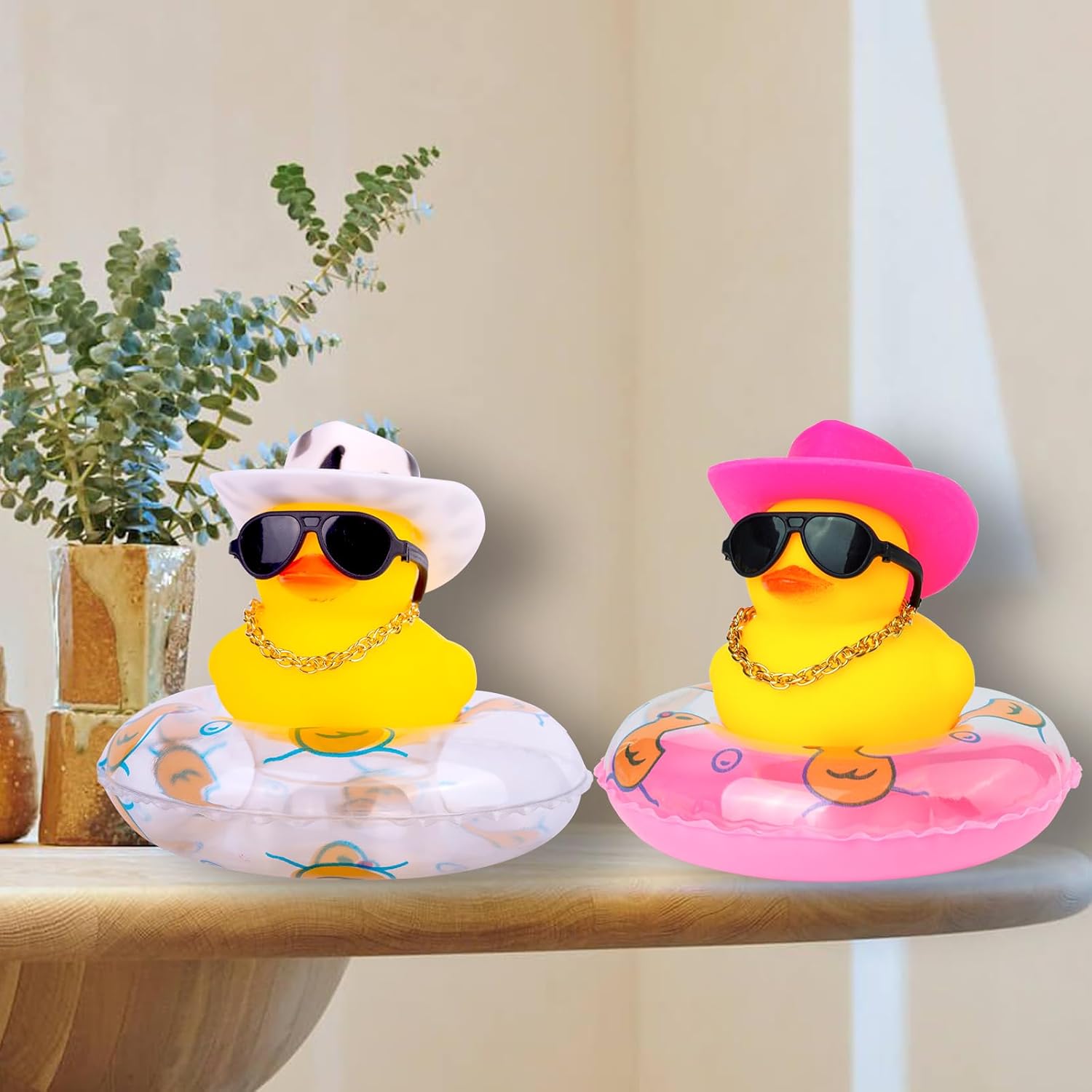 Pato de goma para automóvil, 2 unidades, decoración de tablero de automóvil, pato amarillo, accesorios de decoración de tablero con mini anillo de