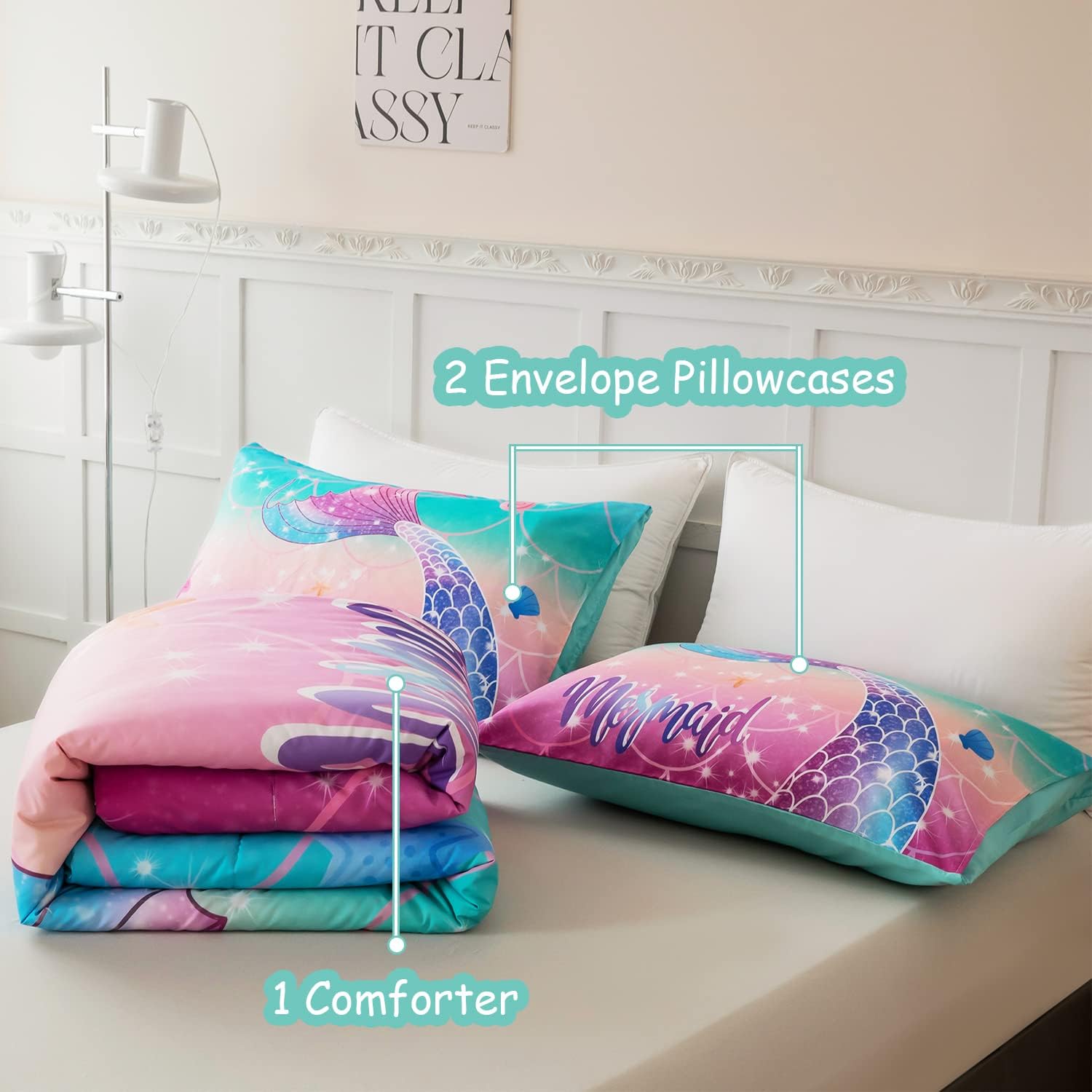 Juego de edredón de sirena tamaño matrimonial para niñas, color rosa, morado, verde azulado, degradado, para todas las estaciones, juego de ropa de