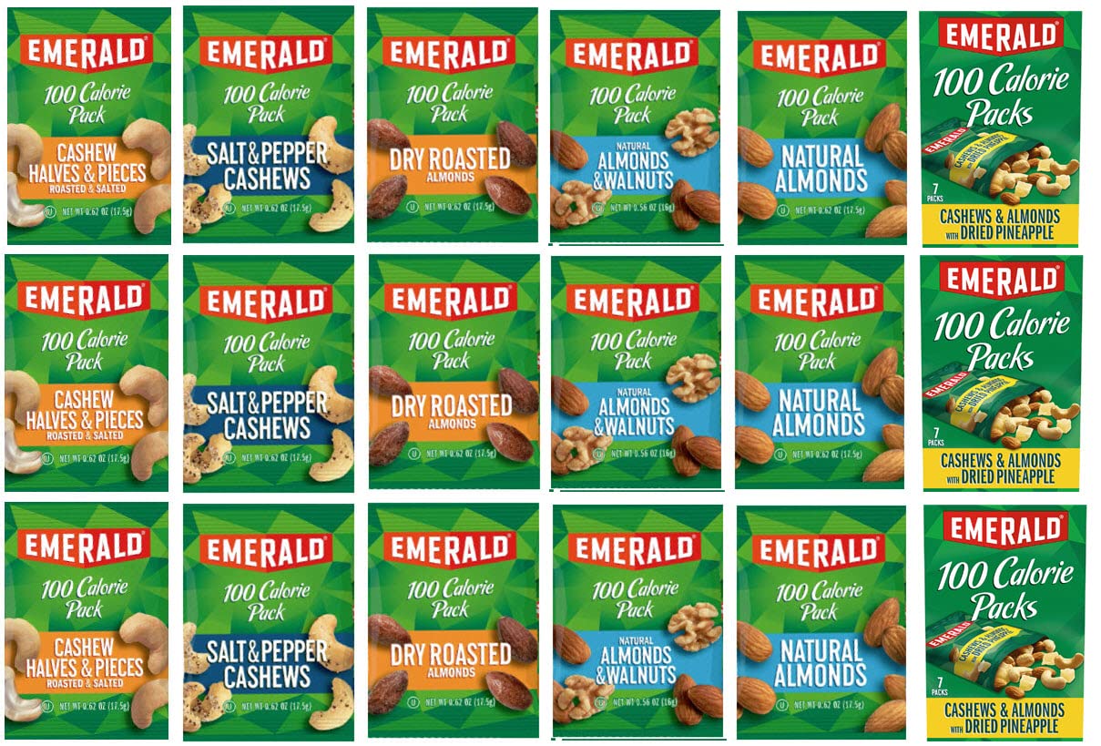 Paquete de 100 calorías de nueces, anacardos y almendras esmeralda, paquete de 18 bolsas, 6 sabores