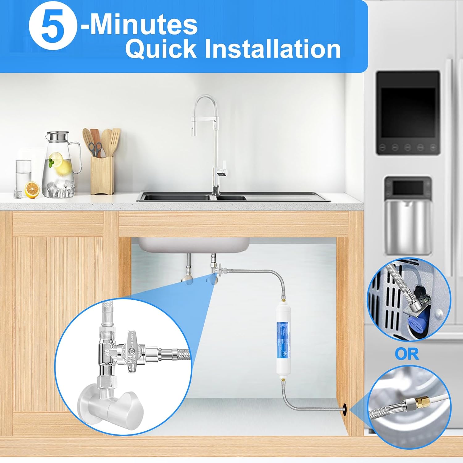 Kit de línea de agua para refrigerador de 20 pies con válvula de tope en T de 38 a 14 a 38 pulgadas para la mayoría de marcas y modelos de