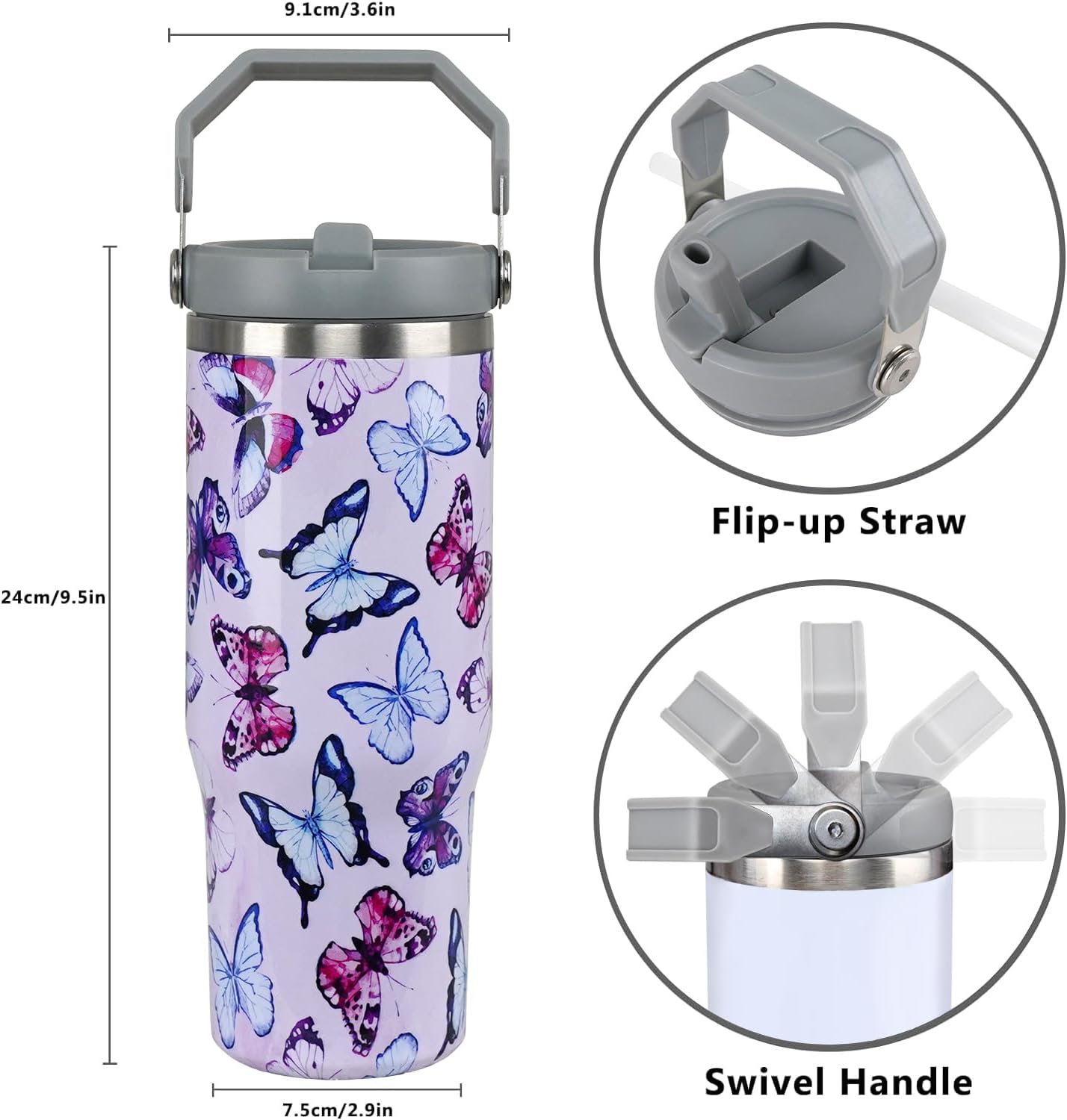 Regalos de mariposa para mujer, vaso de mariposa de 30 onzas con asa, reutilizable, aislado al vacío, con popote abatible y asa superior, acero