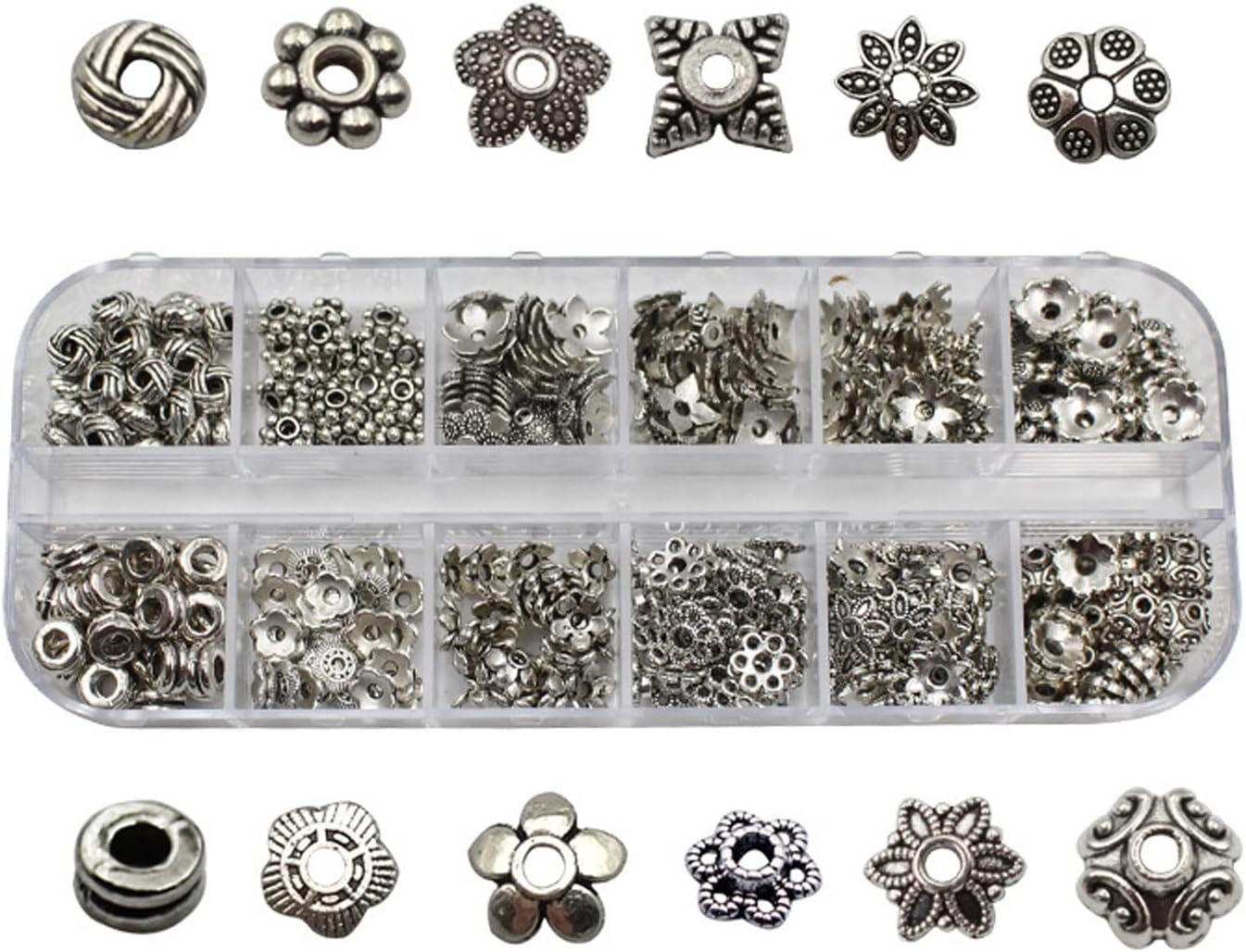 360 cuentas espaciadoras plateadas de metal en forma de flor, cuentas sueltas con caja de almacenamiento, accesorios para hacer joyas (plateado)