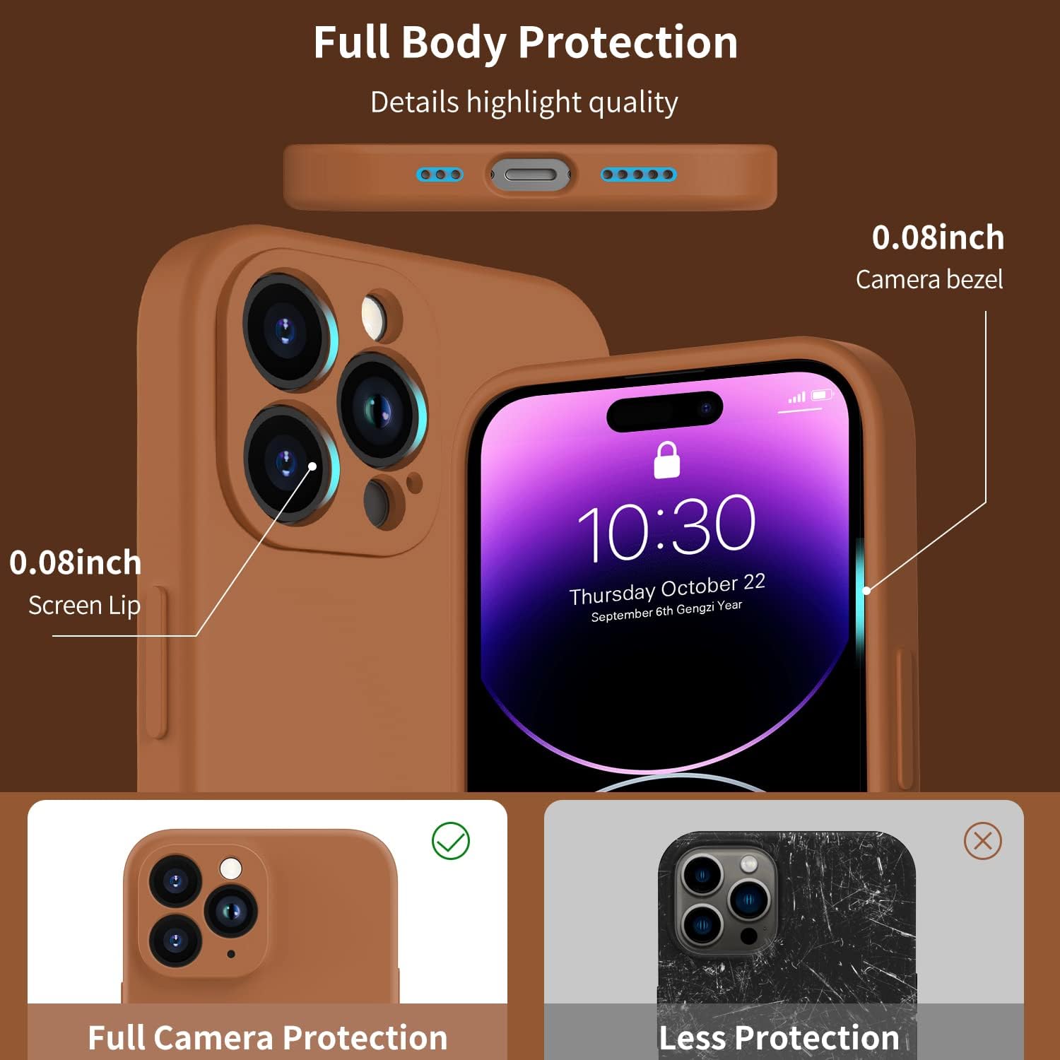 Funda para iPhone 14 Pro con protector de pantalla, protector de lente de cámara mejorado, cubierta de silicona líquida suave de cobertura completa,