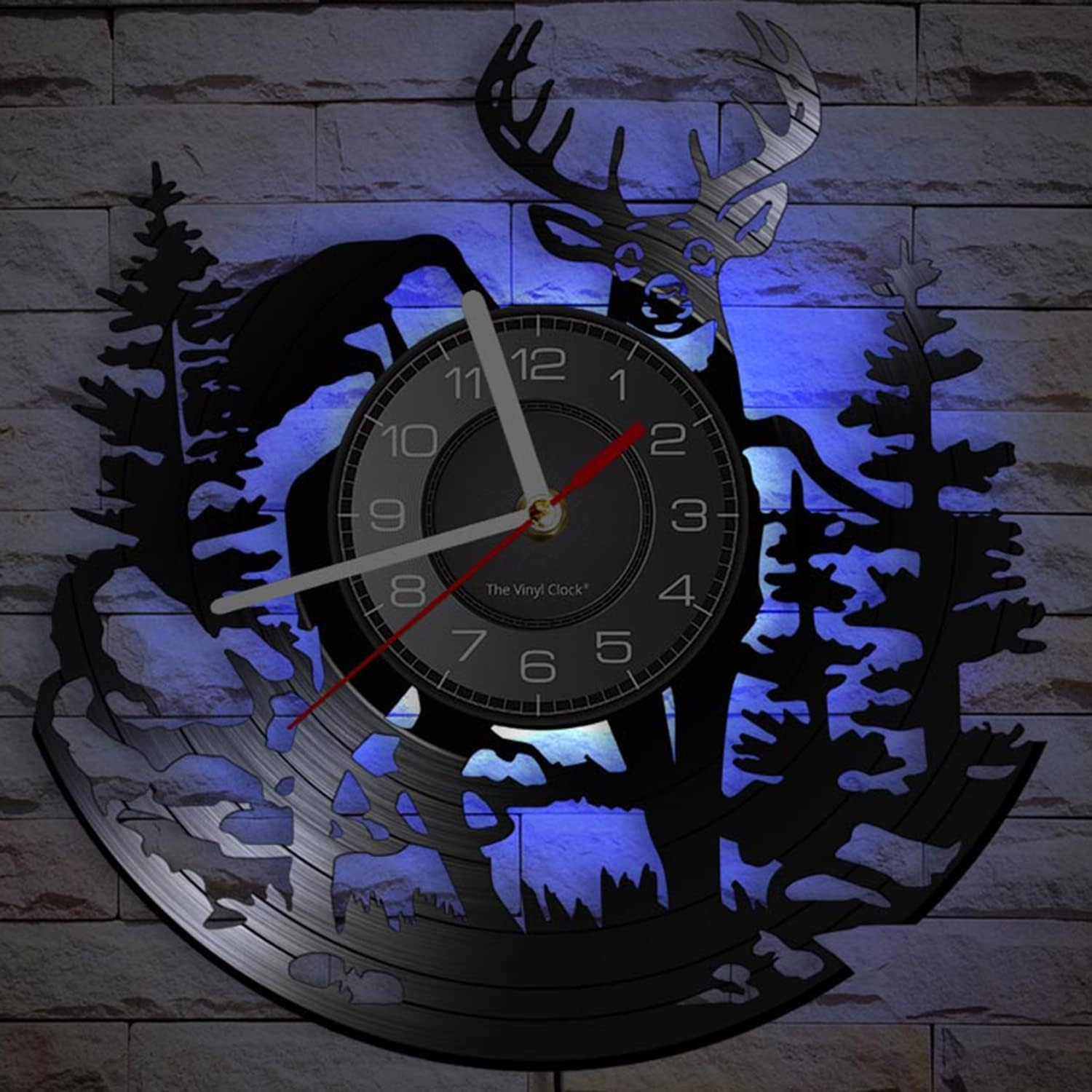 Reloj de pared de disco de vinilo de caza de ciervos con 7 luces LED que cambian de color, reloj silencioso, naturaleza, vida silvestre, paisaje,