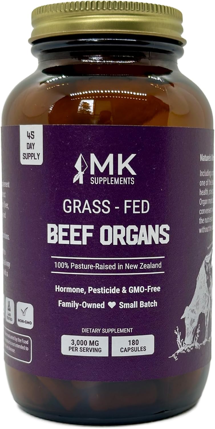 MK Supplements Órganos de carne alimentados con pasto 3000 mg, 180 cápsulas de órganos de carne, multivitamínico, 100% criado en pasto en Nueva
