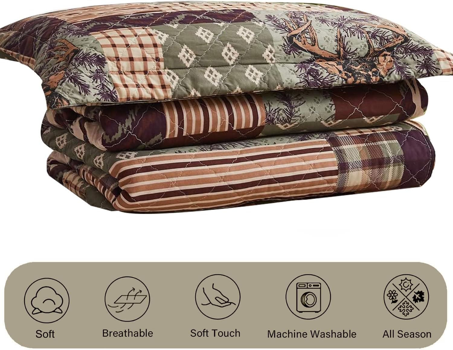 Hailea Juego de ropa de cama de tamaño Queen, colcha rústica de cabaña con alce y oso, colcha de cabaña con funda, suave y ligera, para todas las