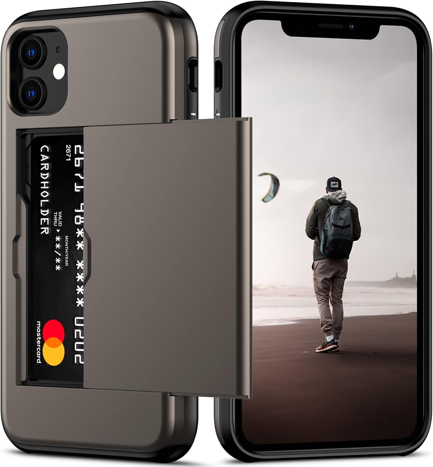 Nvollnoe Funda para iPhone 11 con tarjetero resistente de doble capa protectora a prueba de golpes, ranura para tarjetas oculta, funda delgada tipo