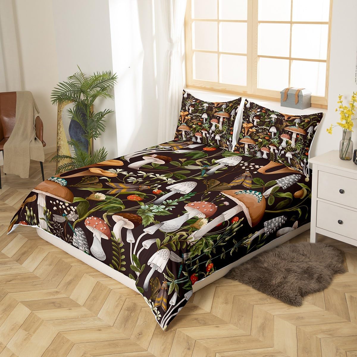 Castle Fairy Juego de funda de edredón de hongos, tamaño King, 3 piezas, diseño de hojas botánicas de acuarela, bonito juego de ropa de cama de