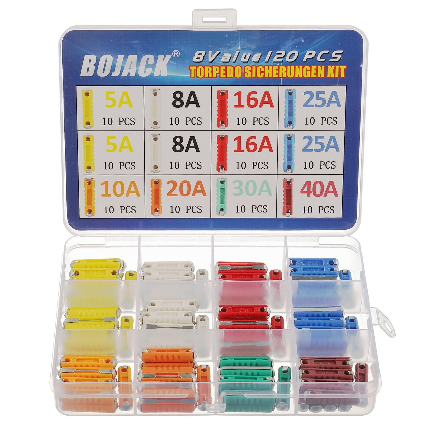 BOJACK Juego de fusibles de torpedo de 8 tipos, 120 piezas, fusibles en forma de torpedo, fusible automotriz 5A, 8A, 10A, 16A, 20A, 25A, 30A, 40A,