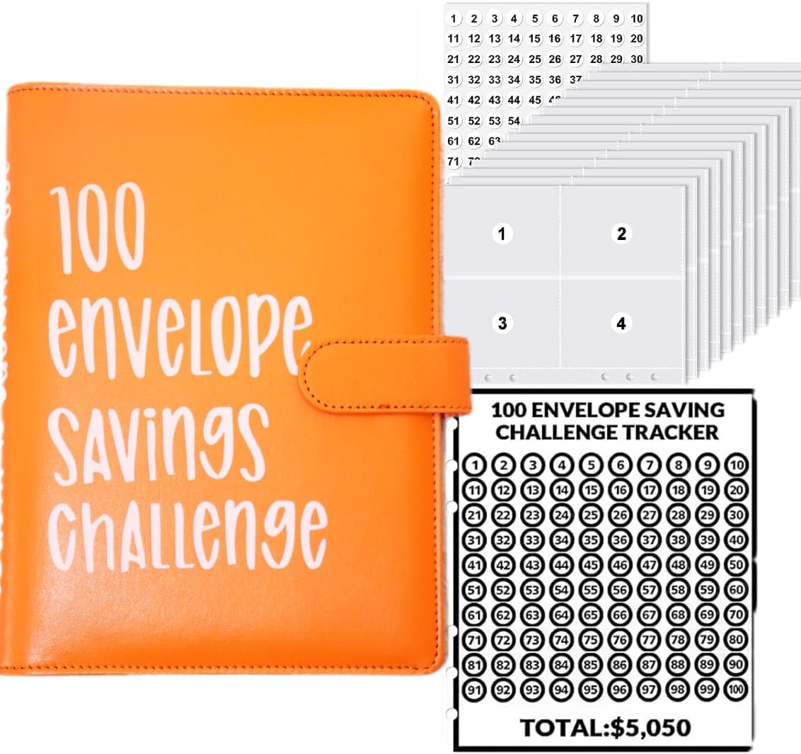 Carpeta de desafíos 100 Evelope  Una manera fácil y divertida de ahorrar $5,050  Carpeta de desafíos de ahorro, carpeta de presupuesto con sobres de