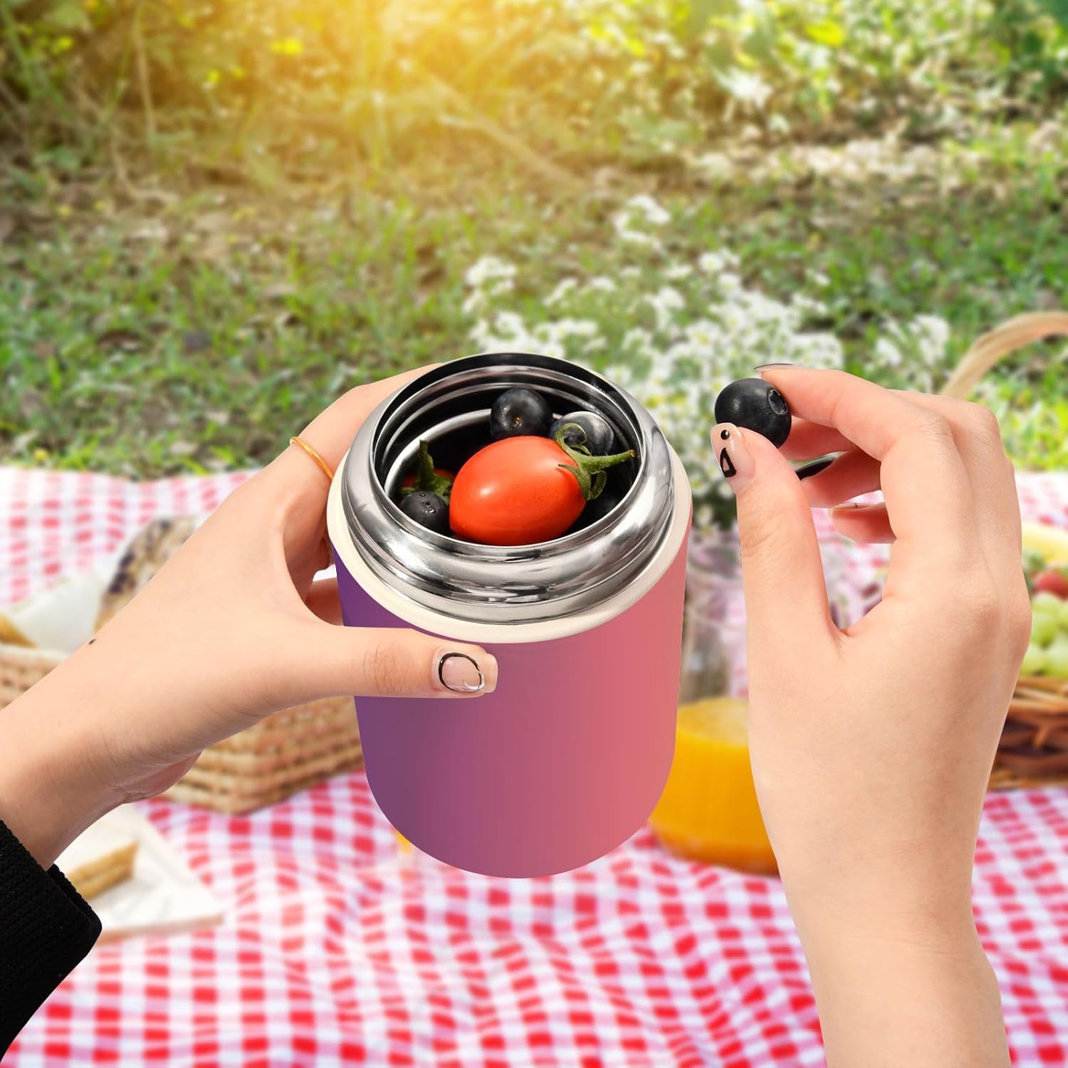 Tarro de comida degradado morado naranja con cuchara de acero inoxidable aislado al vacío contenedor de alimentos de 17 oz para alimentos calientes