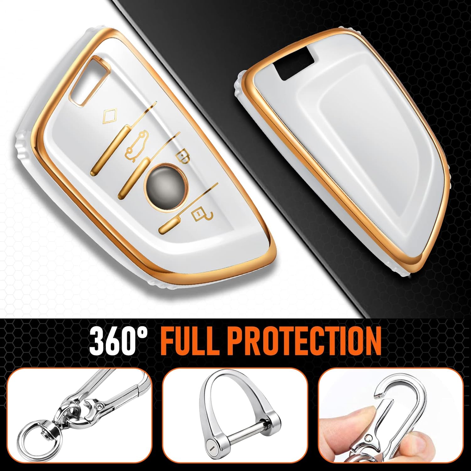 Funda para llavero BMW, accesorios para BMW 1 2 3 4 5 6 7 Series X1 X2 X3 X4 X5 X6 M5 M6 GT3 GT5 4 botones, funda de TPU+anillo en D + gancho