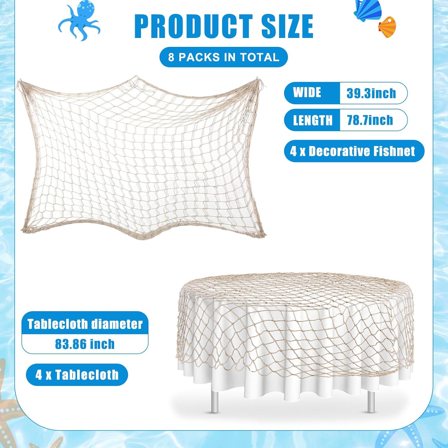 Irenare Juego de 8 manteles decorativos de red de pescado para decoración de fiesta, de algodón y fundas de mesa redondas, para fiesta de cumpleaños