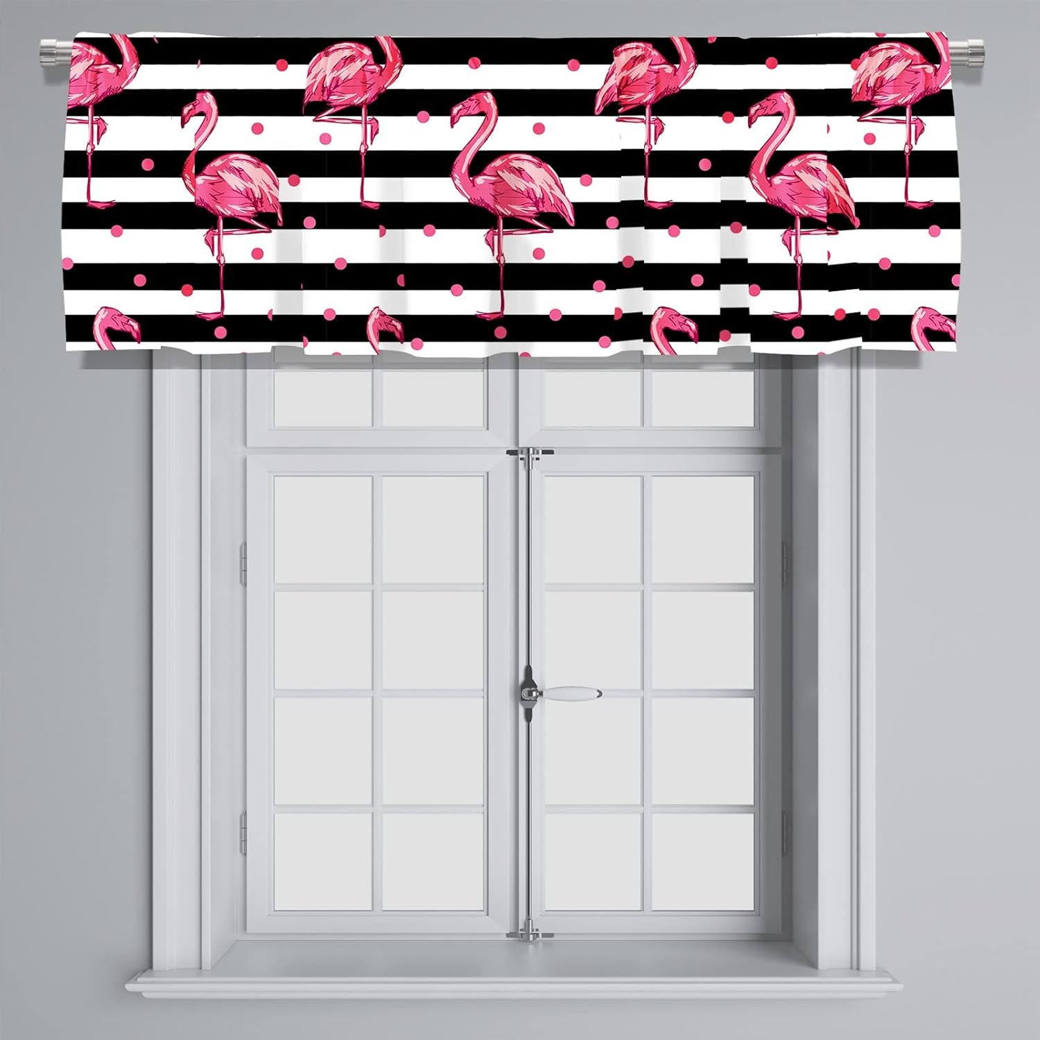 Cenefa de cortina corta con bolsillo para cortinero con diseño de flamenco rosa sobre rayas blancas y negras para decoración de cocina, dormitorio,