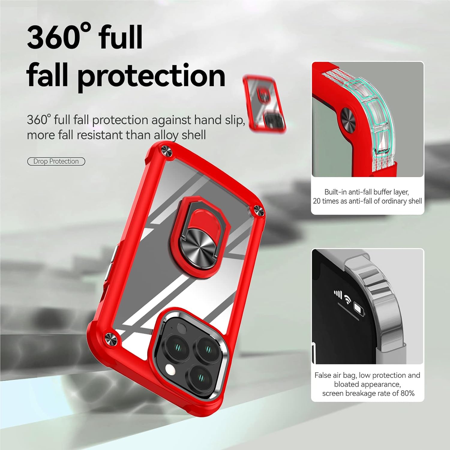 Funda para iPhone 13 Pro, placa trasera acrílica+TPU+diseño de agujero de cuerda, funda protectora para prevención de caídas, con anillo giratorio