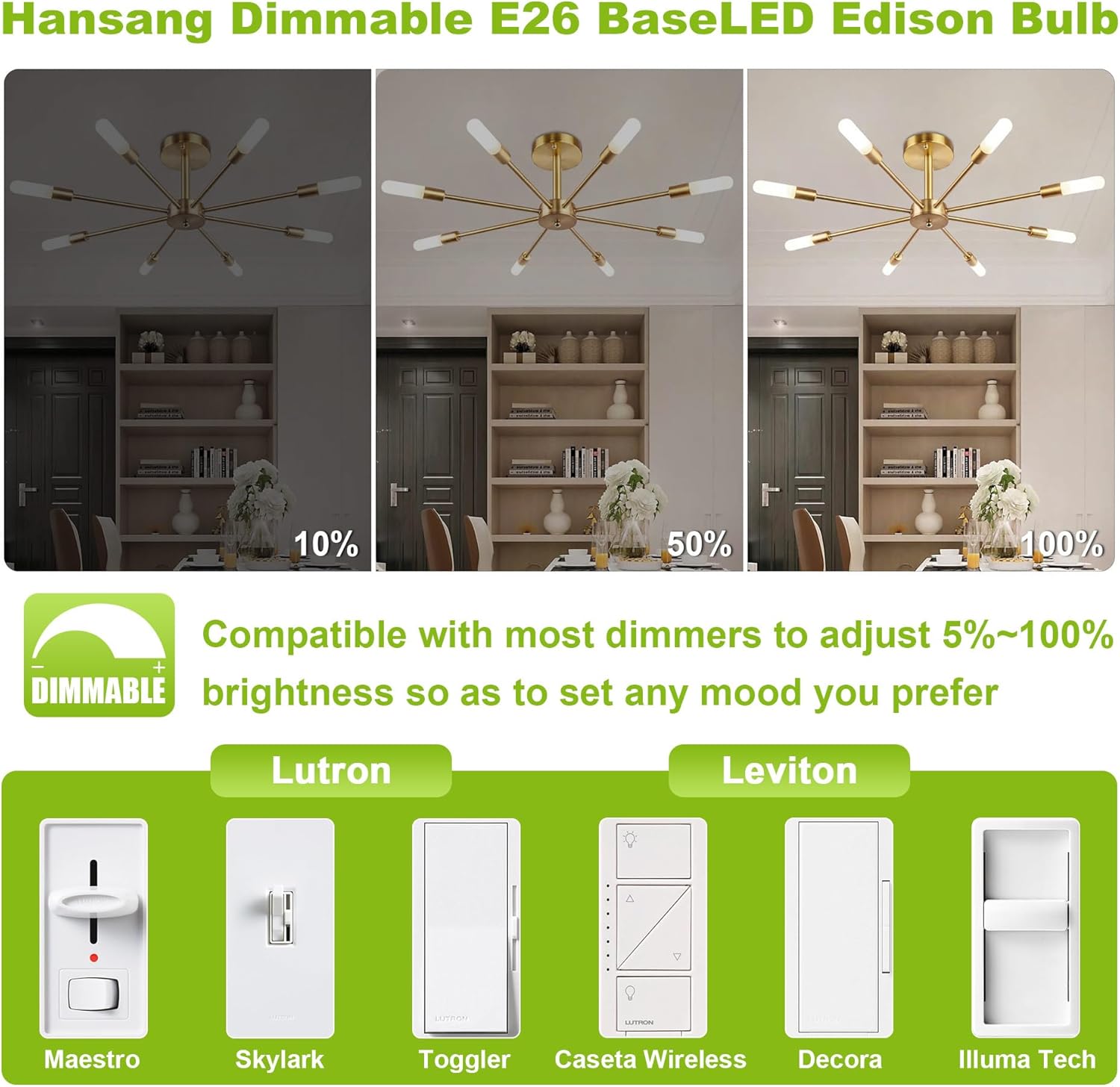 hansang Bombilla Edison E26, luz natural de 4000 K, bombilla LED T10 equivalente a 40 W, bombillas de filamento LED vintage, forma de vidrio