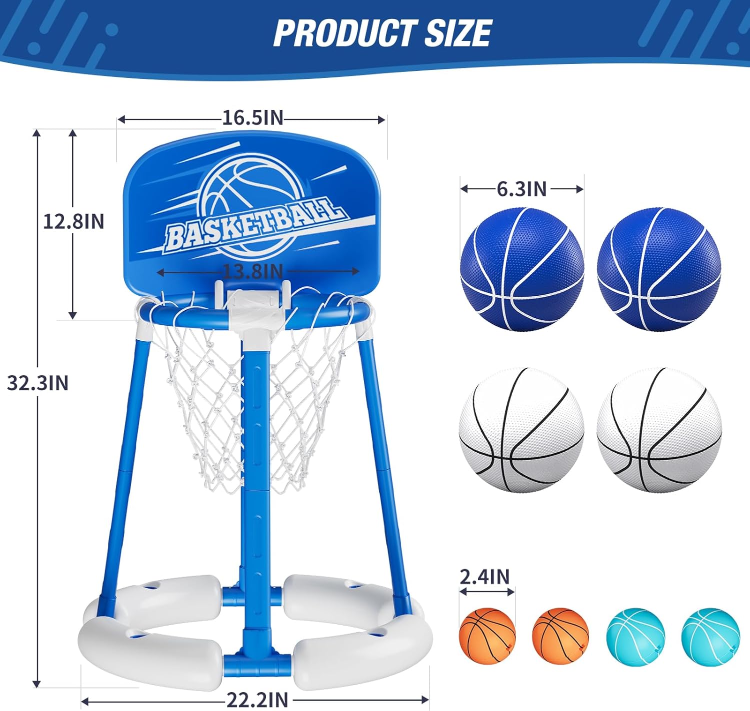 HYES Aro de baloncesto para piscina junto a la piscina con tablero, juguetes flotantes para piscina con 4 pelotas de baloncesto4 globos de