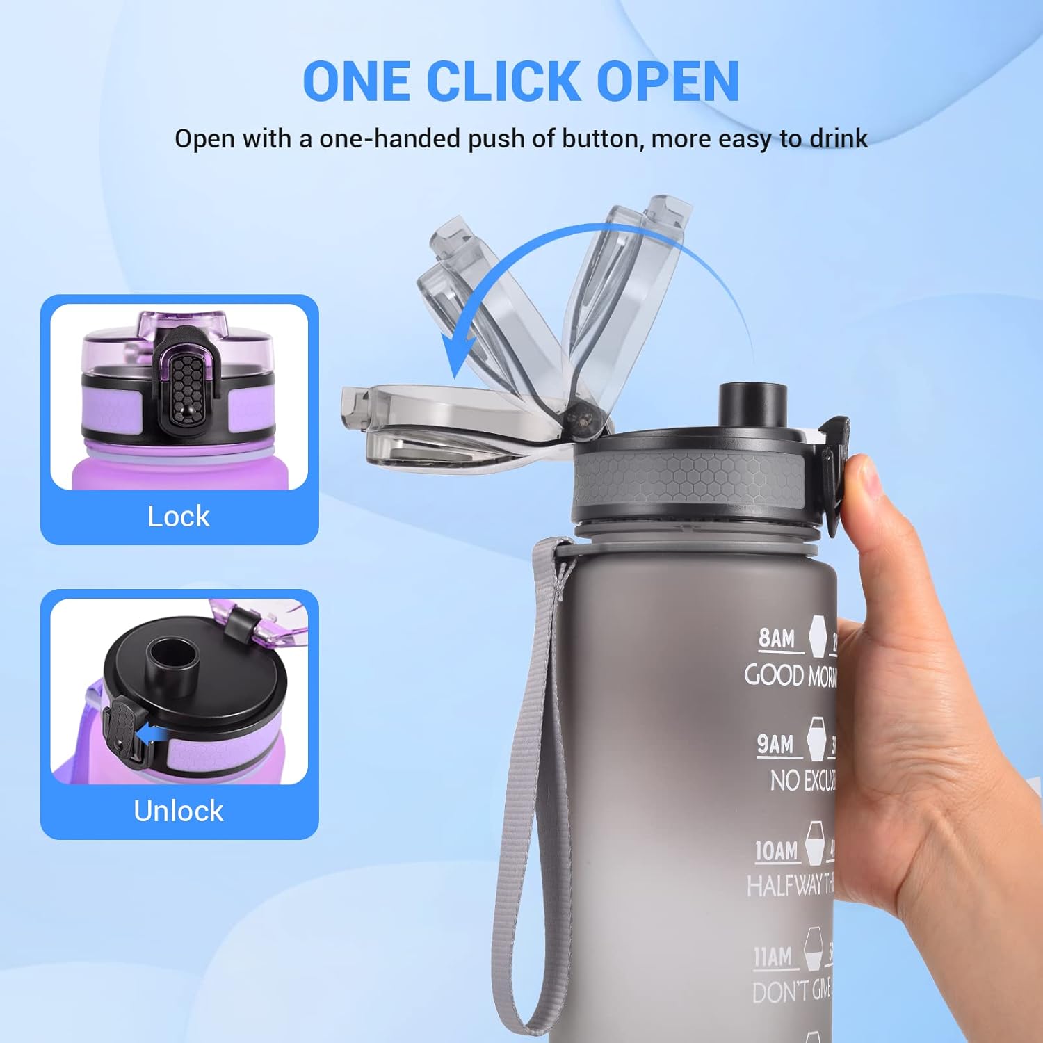 PZLife Botella de agua deportiva sin BPA, a prueba de fugas, 32 onzas, con escala de tiempo y colador de frutas, sabor no plástico, reutilizable,