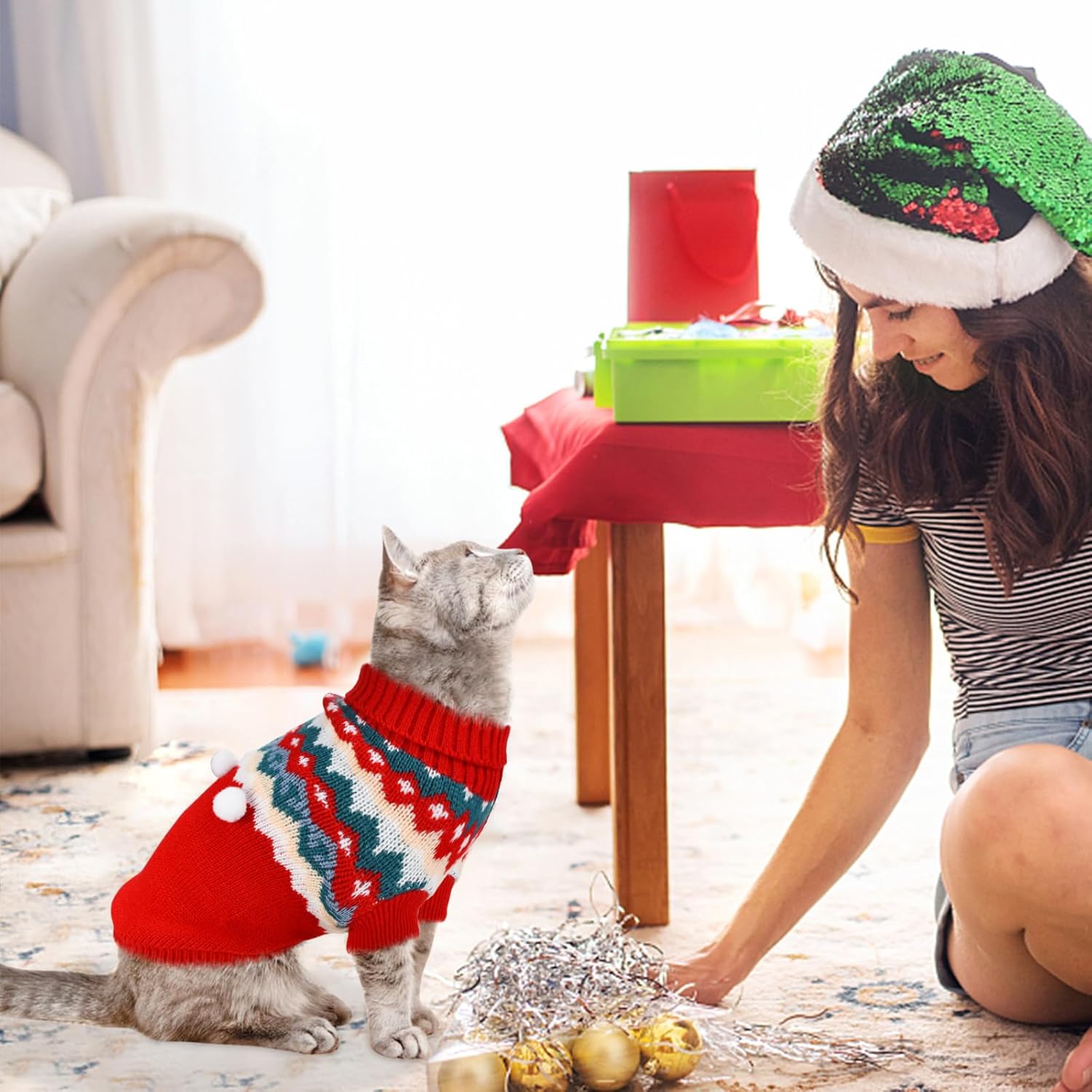 2 suéteres de Navidad para cachorros, gatos, cuello alto, ropa de punto de elfo, ropa cálida para perros, suéter para gatitos y cachorros, XS