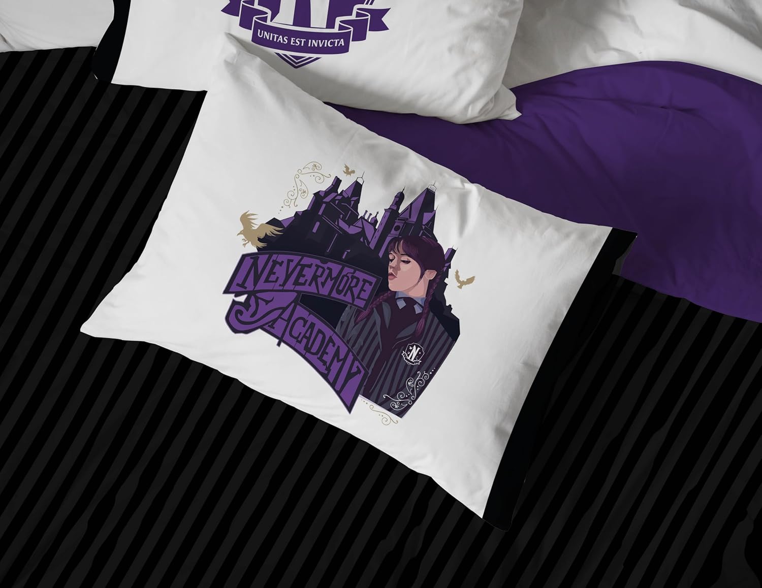 Wednesday Addams – Juego de edredón tamaño matrimonial, ropa de cama de 7 piezas, incluye juego de sábanas y fundas de almohada, ropa de cama súper