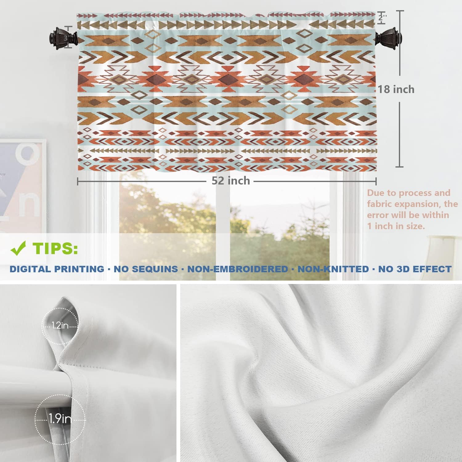 Shrahala Cenefas de cocina con decoración navajo bohemia, color azul y naranja, étnico bohotrial, cortina de media ventana, tratamiento de ventana
