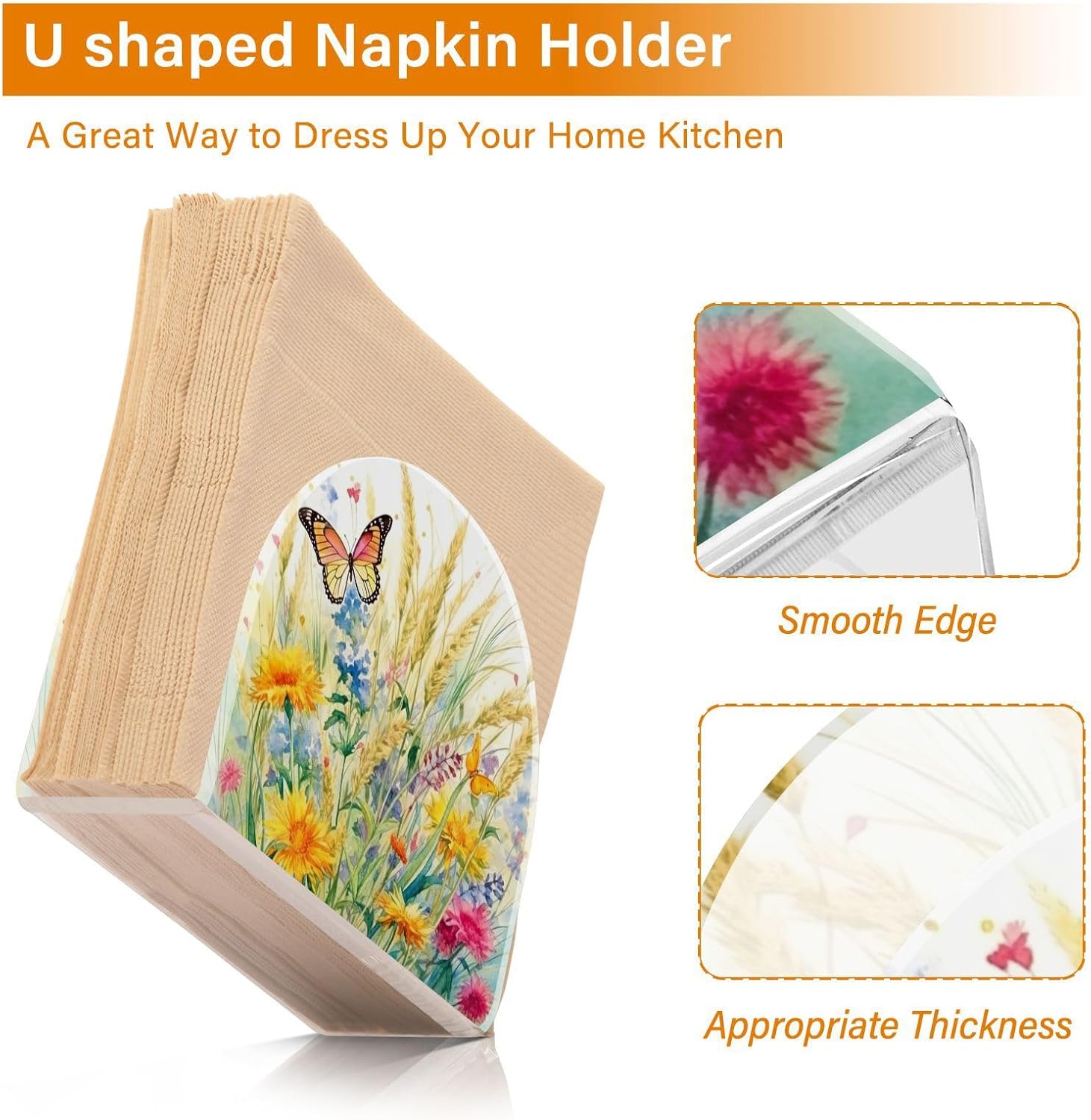 Napkin Holder Rustic Wildflowers Butterfly Napkin Holders for Tables, Clear Acrylic Napkin Holders Cocktail Napkin Holder for Kitchen Restaurant Bar