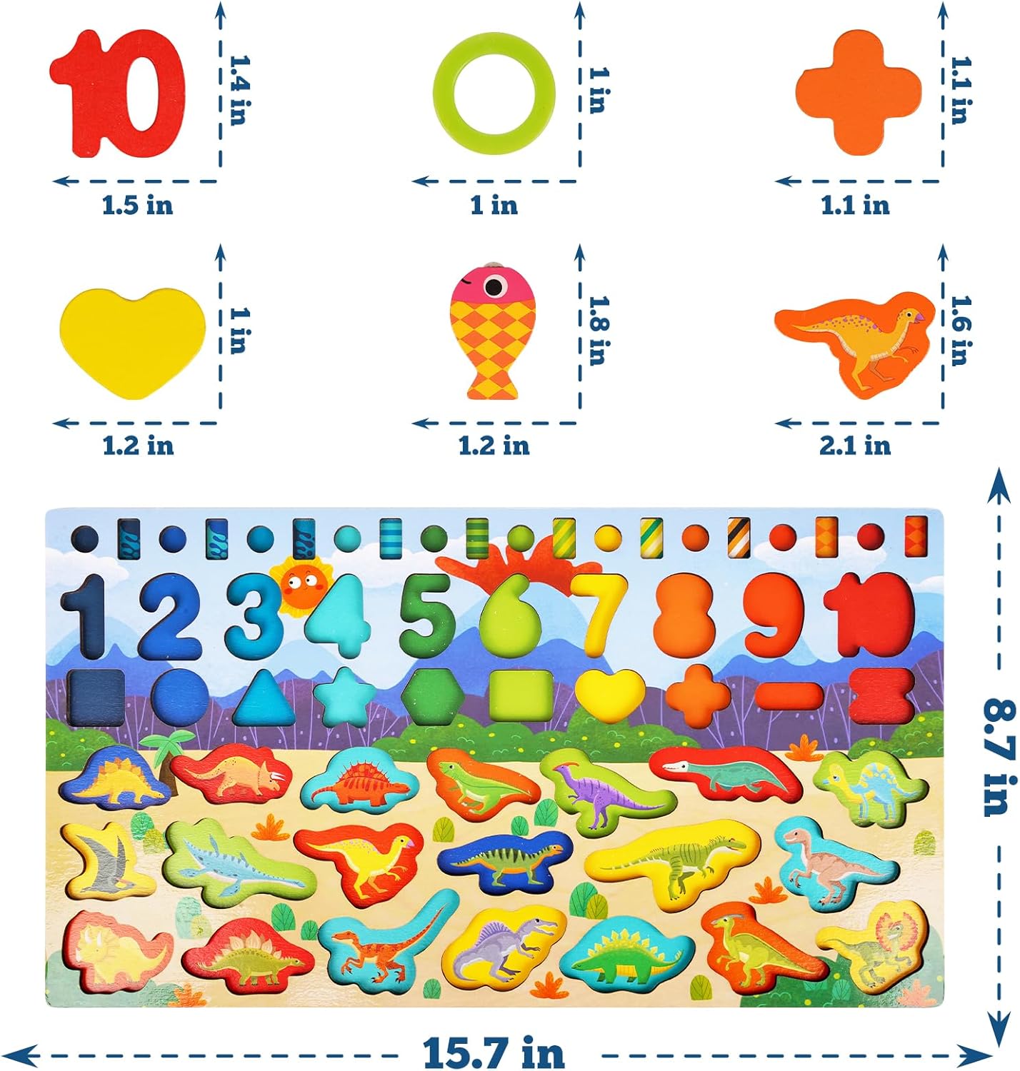 Rompecabezas de madera con forma de números de dinosaurios para niños pequeños, dinosaurios Montessori Matemáticas y contar, juego de pesca, tablero