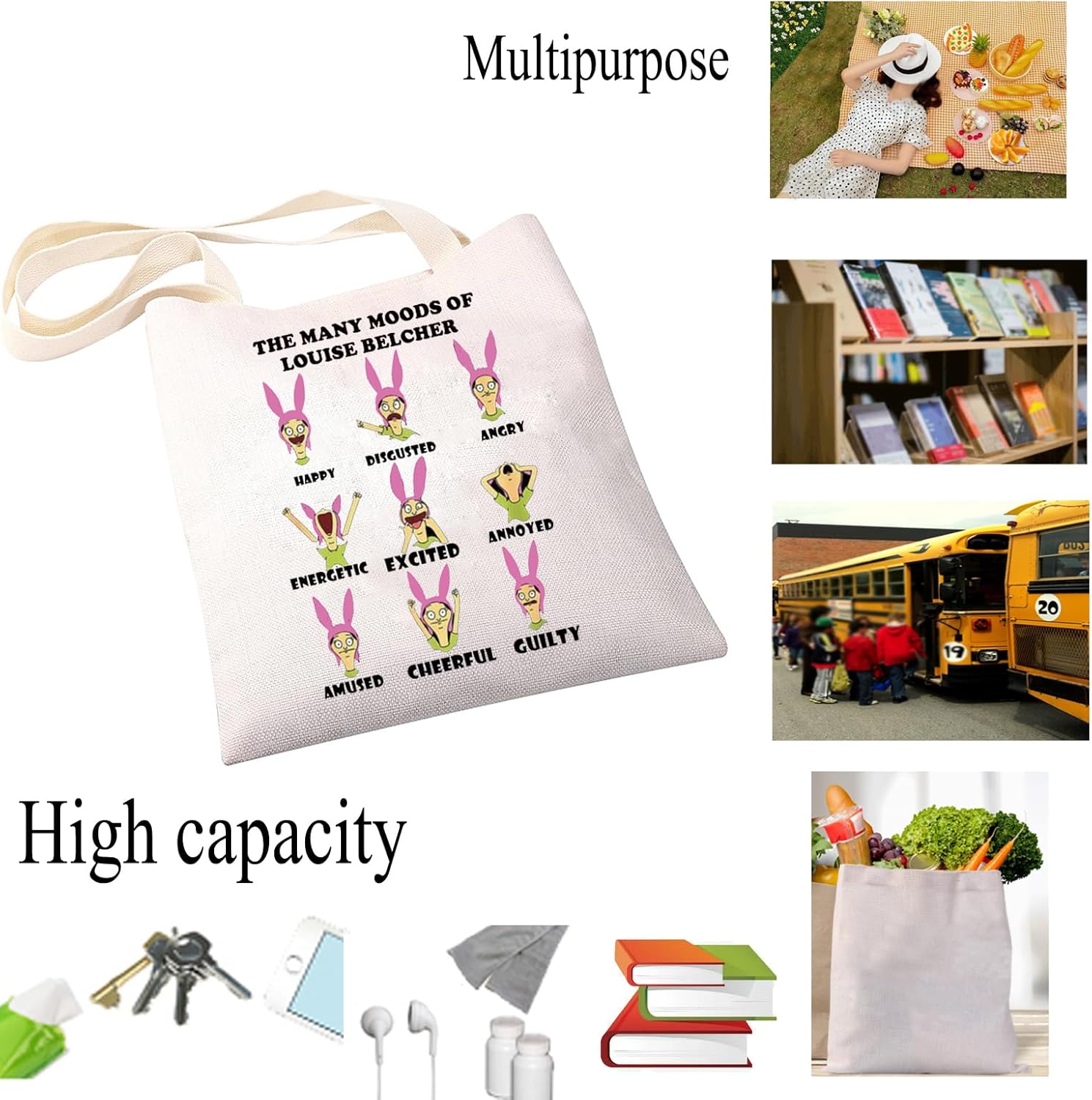 Dibujos animados Tv Show Gift The Many Moods Of Louise Belcher Tote Bag Regalos de dibujos animados Burger Style Gift Bolsa de compras