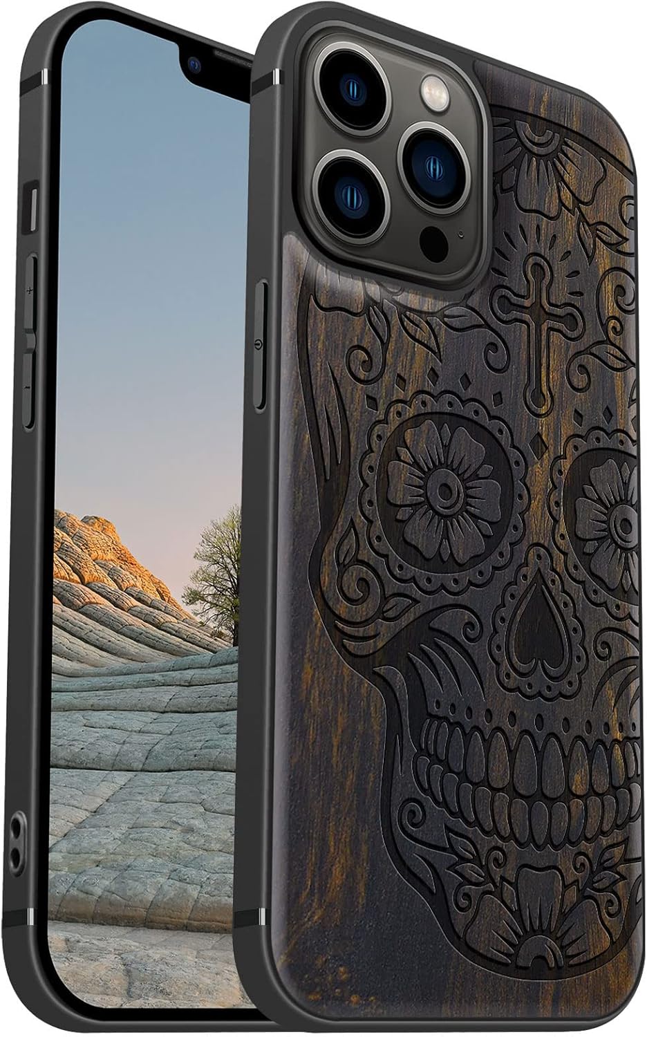 Carveit Funda magnética de madera para iPhone 13 Pro Max madera natural y TPU suave negro a prueba de golpes, funda de madera única y elegante