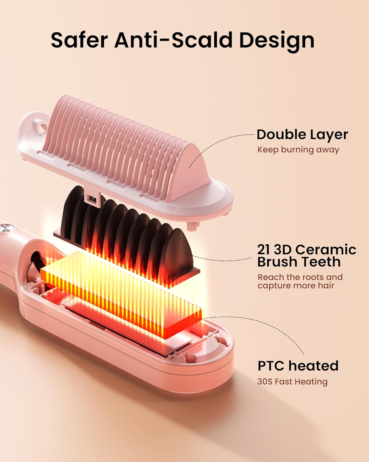 AIMIKE Cepillo alisador iónico de cabello, peine alisador de cerámica antiquemaduras con iones negativos para alisar el cabello encrespado, cepillo