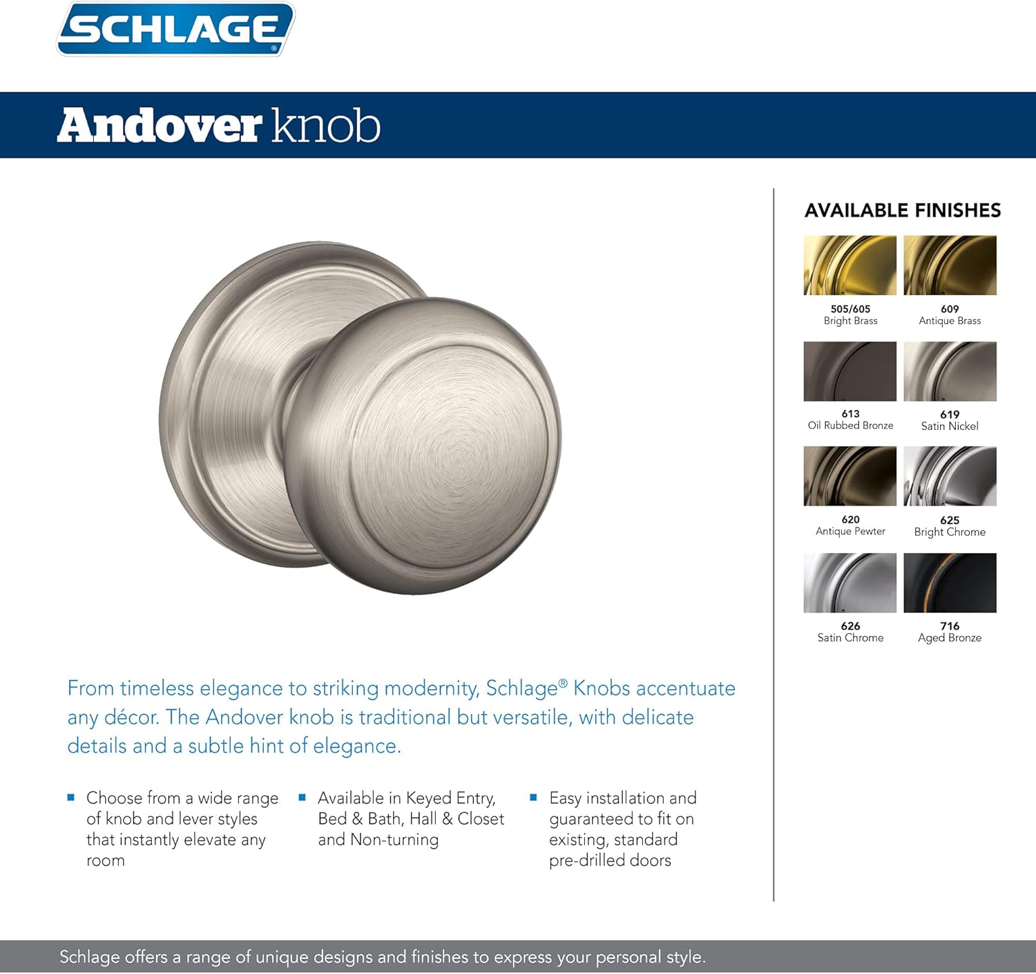 Schlage F40AND619 Perilla de puerta Andover Bed & Bath Privacy Lock, níquel satinado