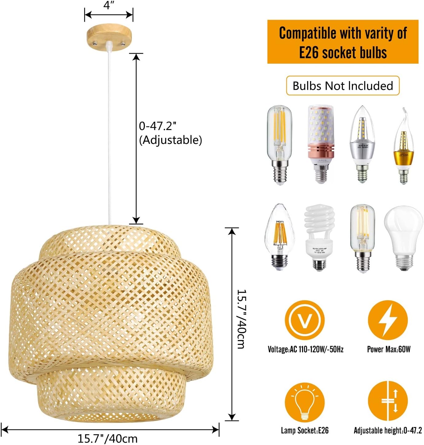 Lámpara colgante de bambú, lámpara colgante tejida a mano de 15.7 pulgadas, lámpara de techo bohemia, lámpara de ratán natural beige para cocina,