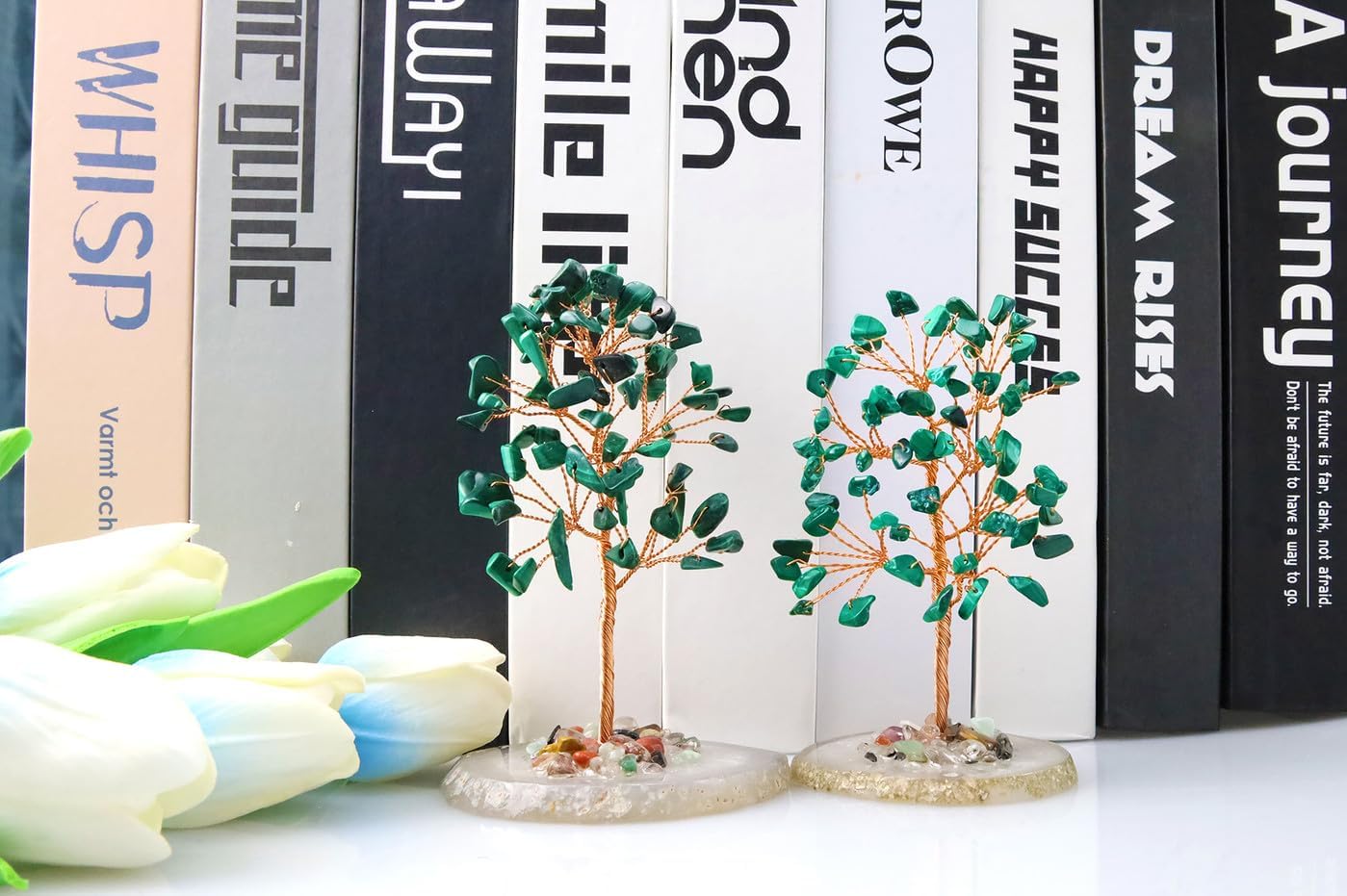 QINJIEJIE Árbol de la vida de cristal de malaquita verde, decoración de escritorio de oficina, decoración de piedra preciosa natural, base de