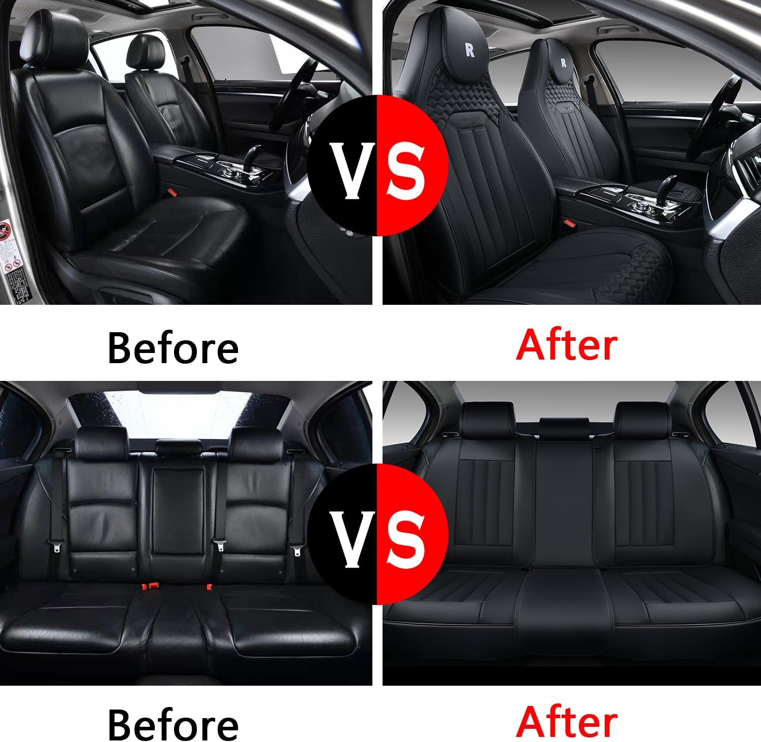 Coverado Juego completo de fundas de asiento de automóvil, fundas de asiento de cubo para 5 asientos, fundas de asiento de cuero de napa para