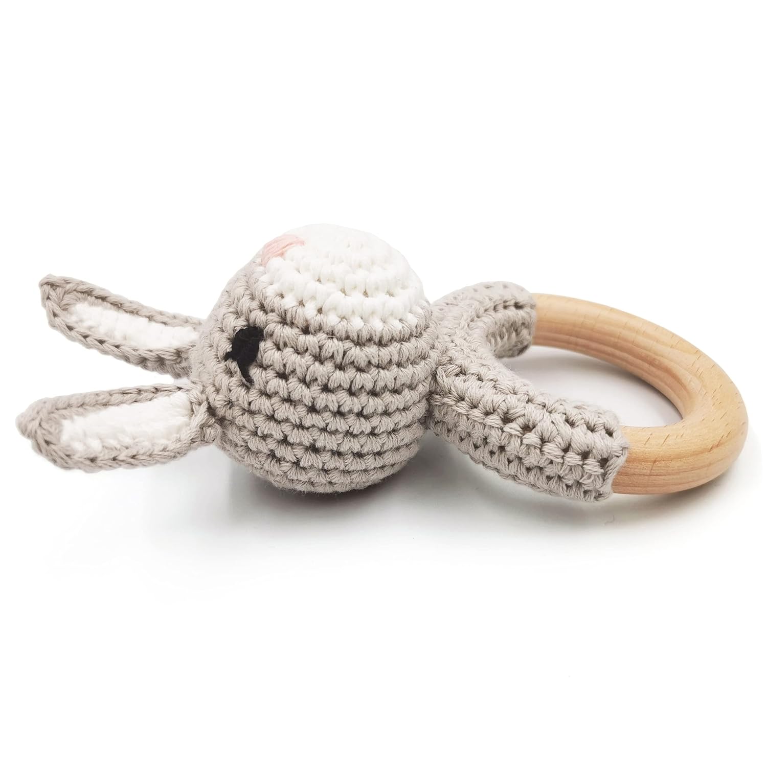 Sonajero de madera natural bebé juguete agitador suave con anillo de dentición para bebés conejo gris