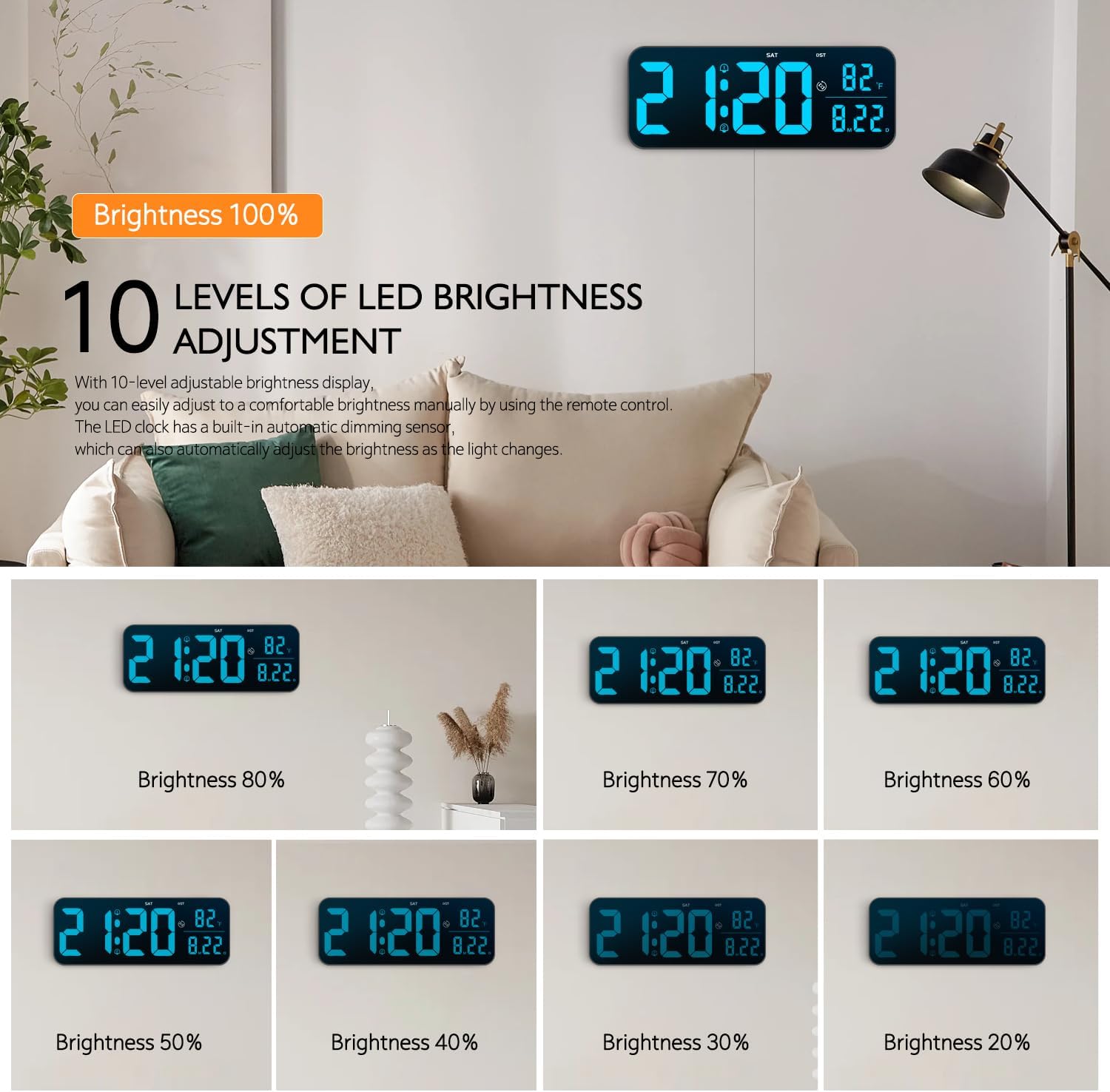 Reloj de pared digital, pantalla LED grande de 15.2 pulgadas con control remoto, 2 despertadores, DST, atenuación automática, 1224 horas,
